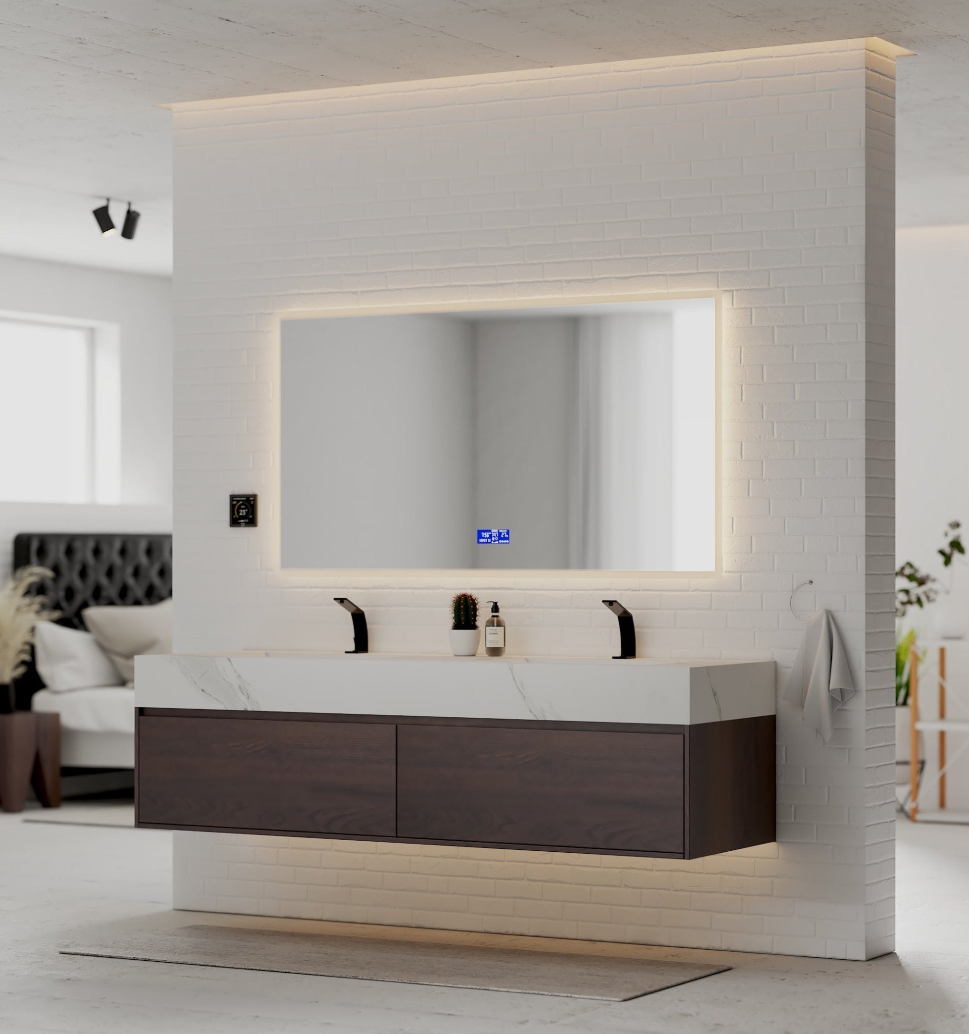 48", 60" Walnut Sintered Stone Top with Double Drawer Floating Bathroom Vanity -Vanity60"