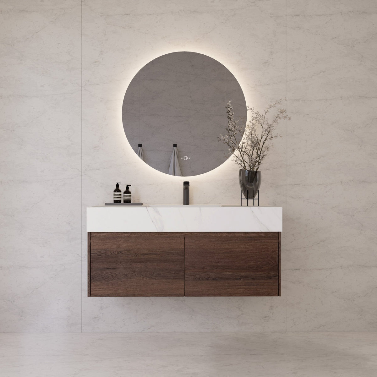 48", 60" Walnut Sintered Stone Top with Double Drawer Floating Bathroom Vanity -Vanity60"