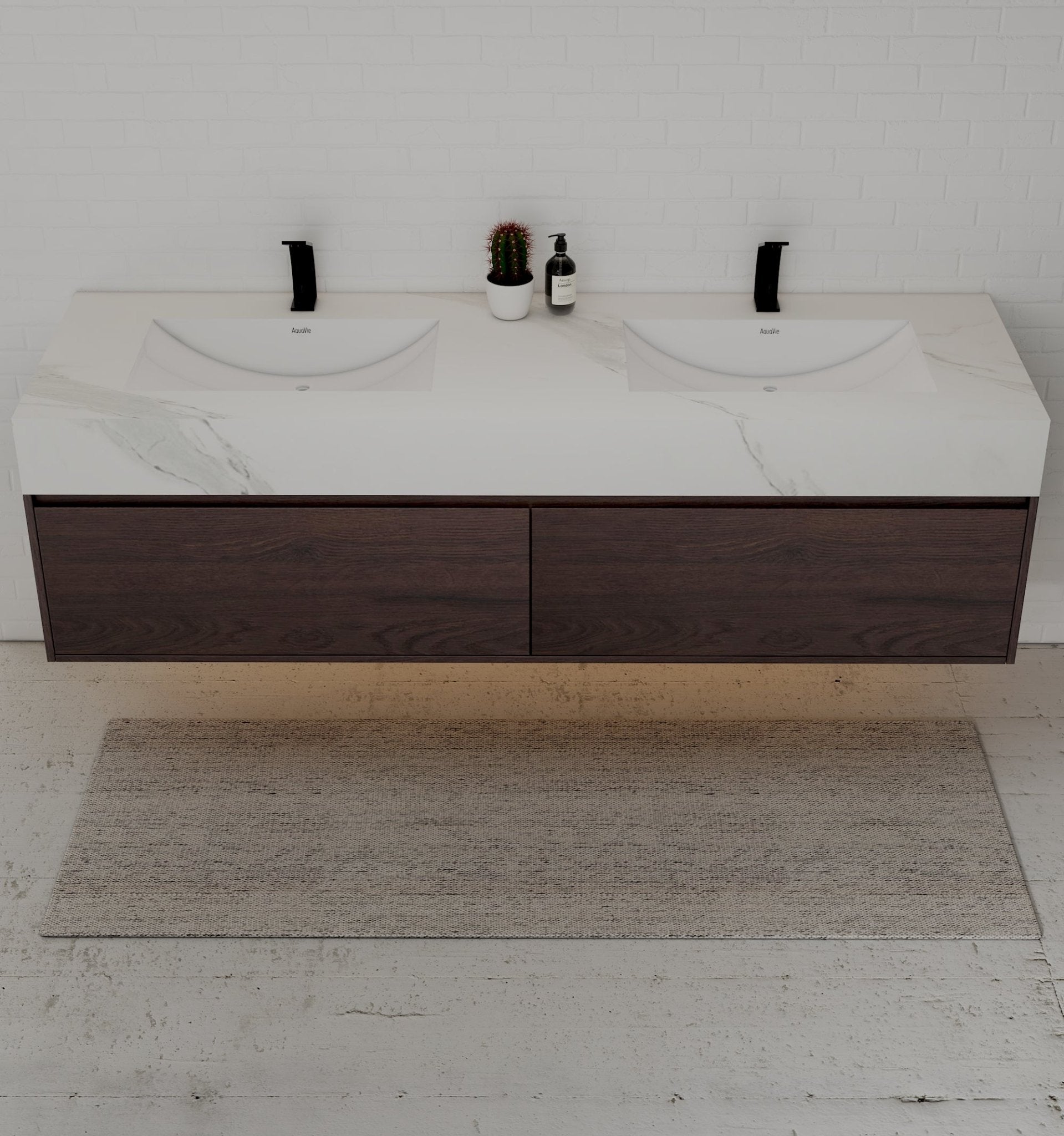 48", 60" Walnut Sintered Stone Top with Double Drawer Floating Bathroom Vanity -Vanity60"
