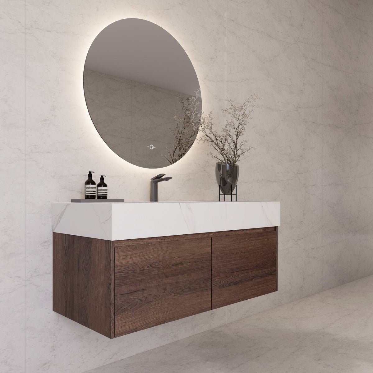 48", 60" Walnut Sintered Stone Top with Double Drawer Floating Bathroom Vanity -Vanity60"