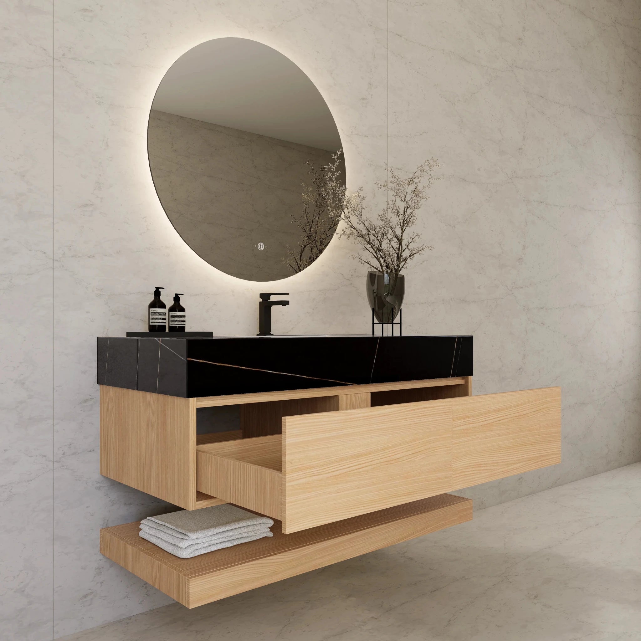 48"/ 60" Warm Oak Open Shelf Floating Bathroom Vanity - Vanity48"