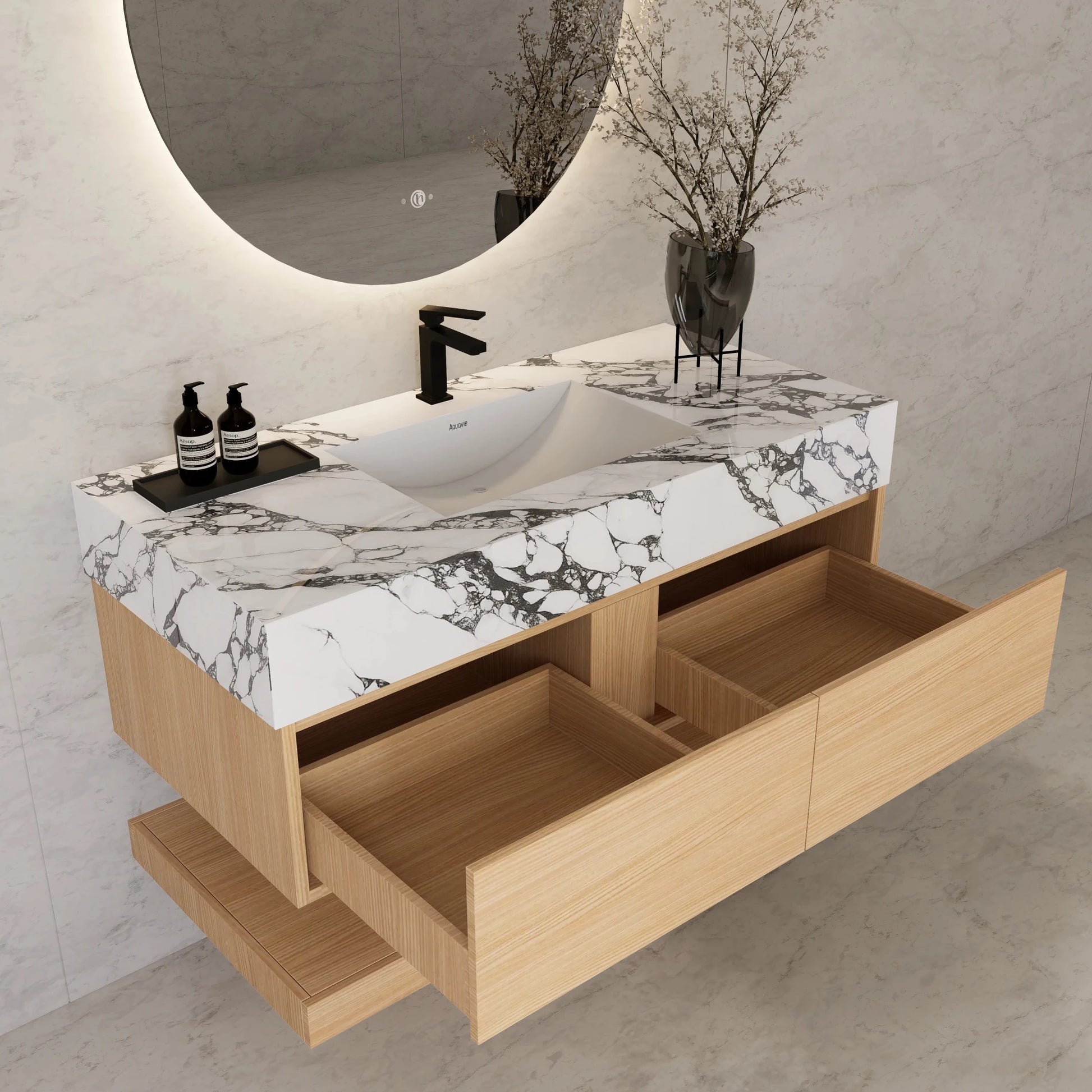 48"/ 60" Warm Oak Open Shelf Floating Bathroom Vanity - Vanity48"