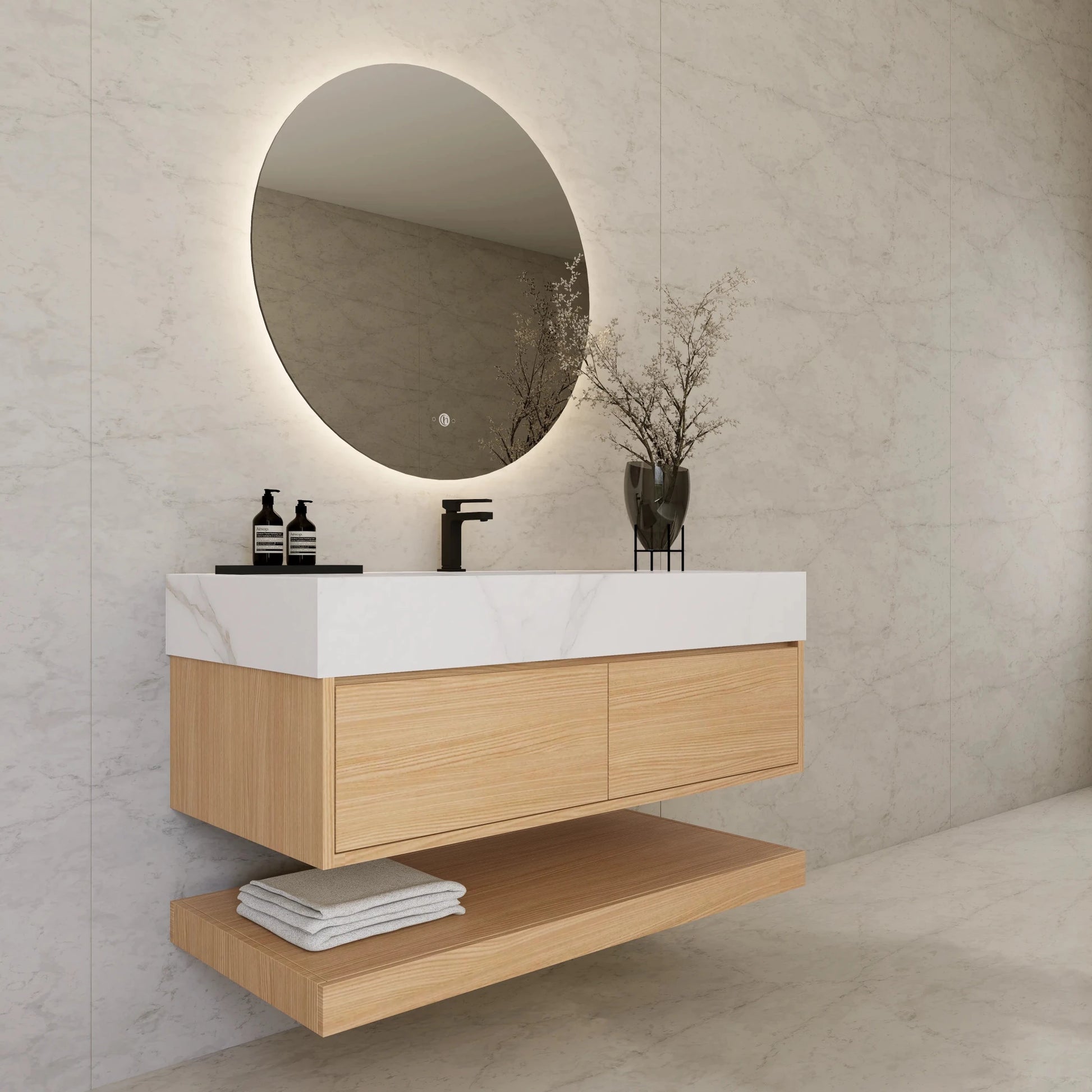 48"/ 60" Warm Oak Open Shelf Floating Bathroom Vanity - Vanity48"