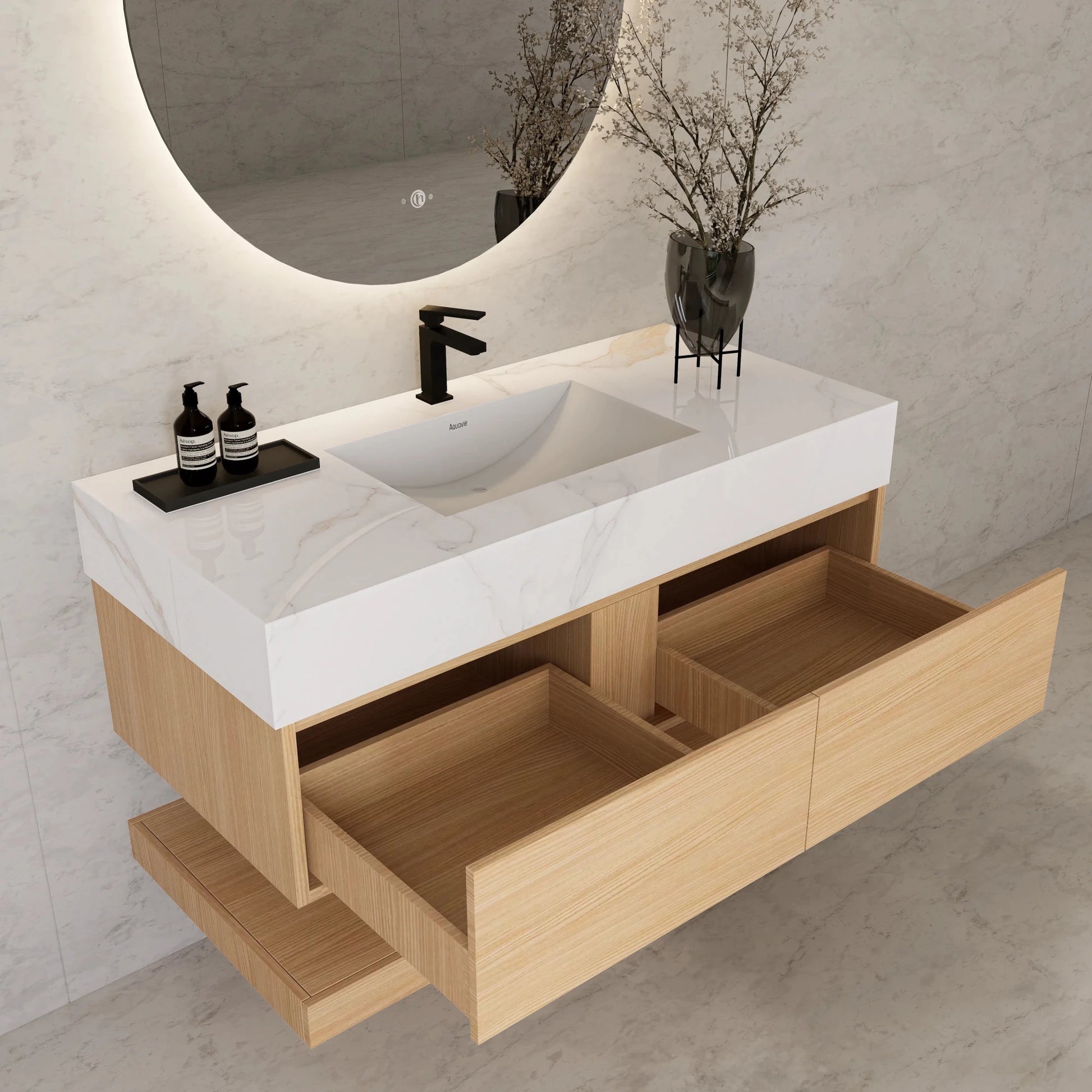 48"/ 60" Warm Oak Open Shelf Floating Bathroom Vanity - Vanity48"