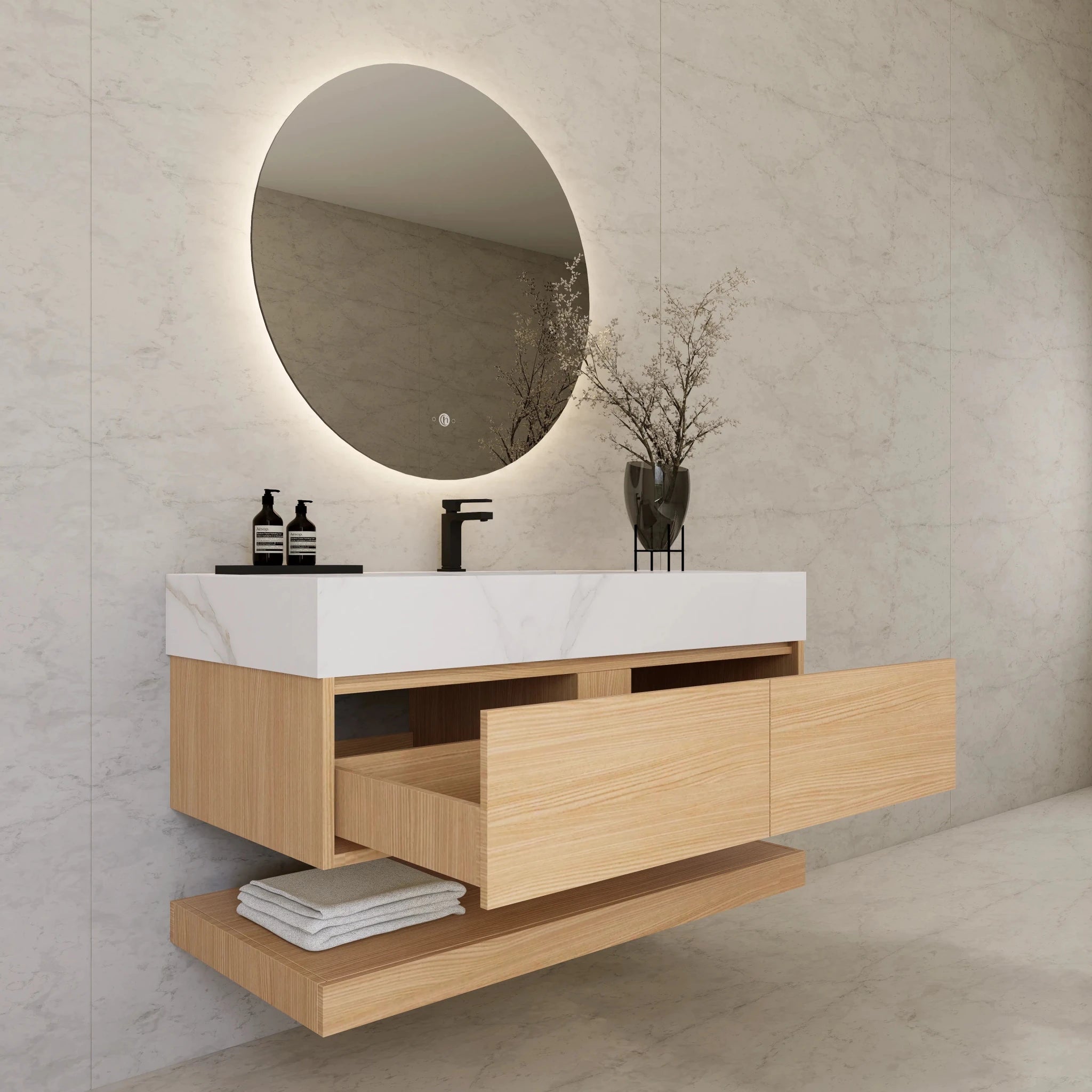 48"/ 60" Warm Oak Open Shelf Floating Bathroom Vanity - Vanity48"