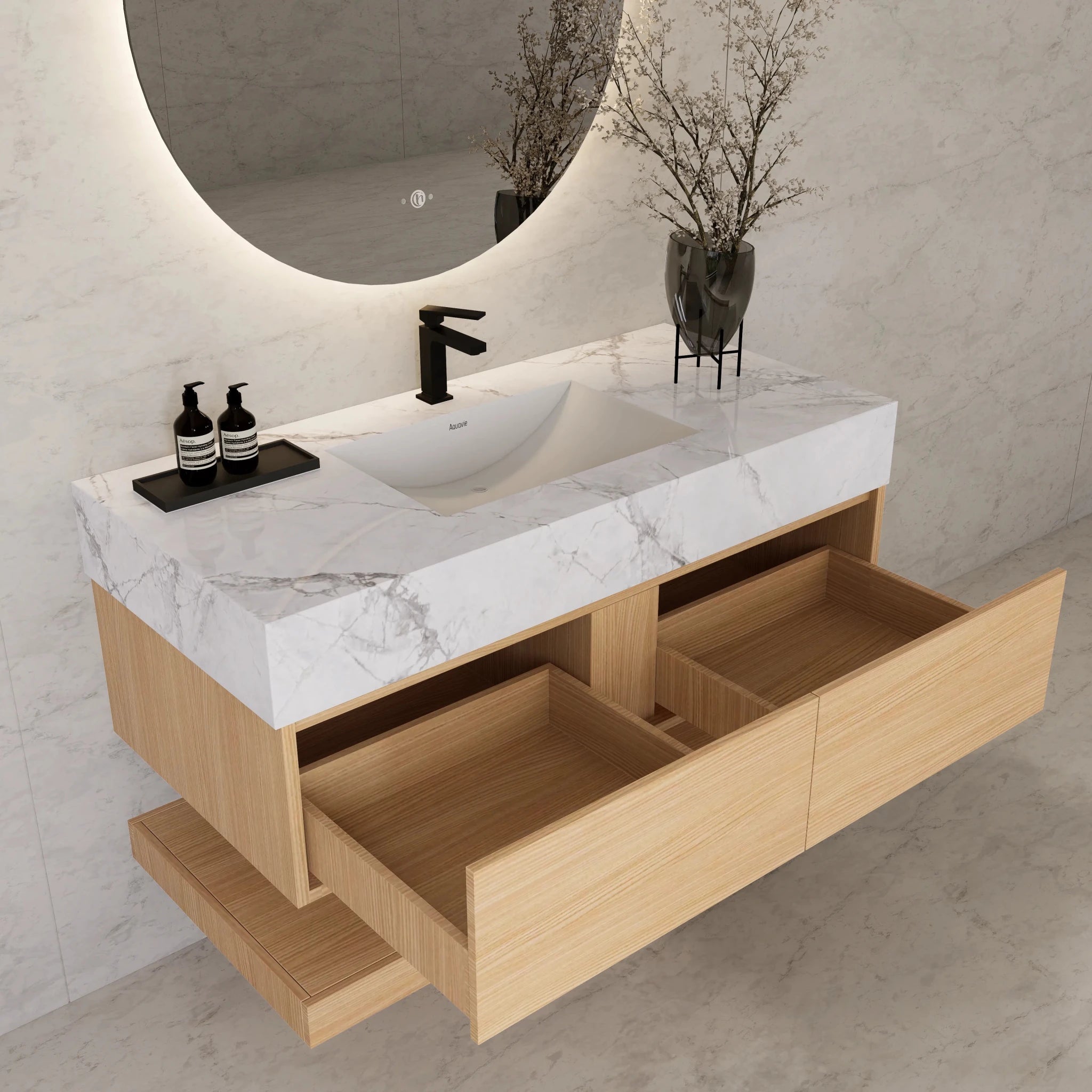 48"/ 60" Warm Oak Open Shelf Floating Bathroom Vanity - Vanity48"