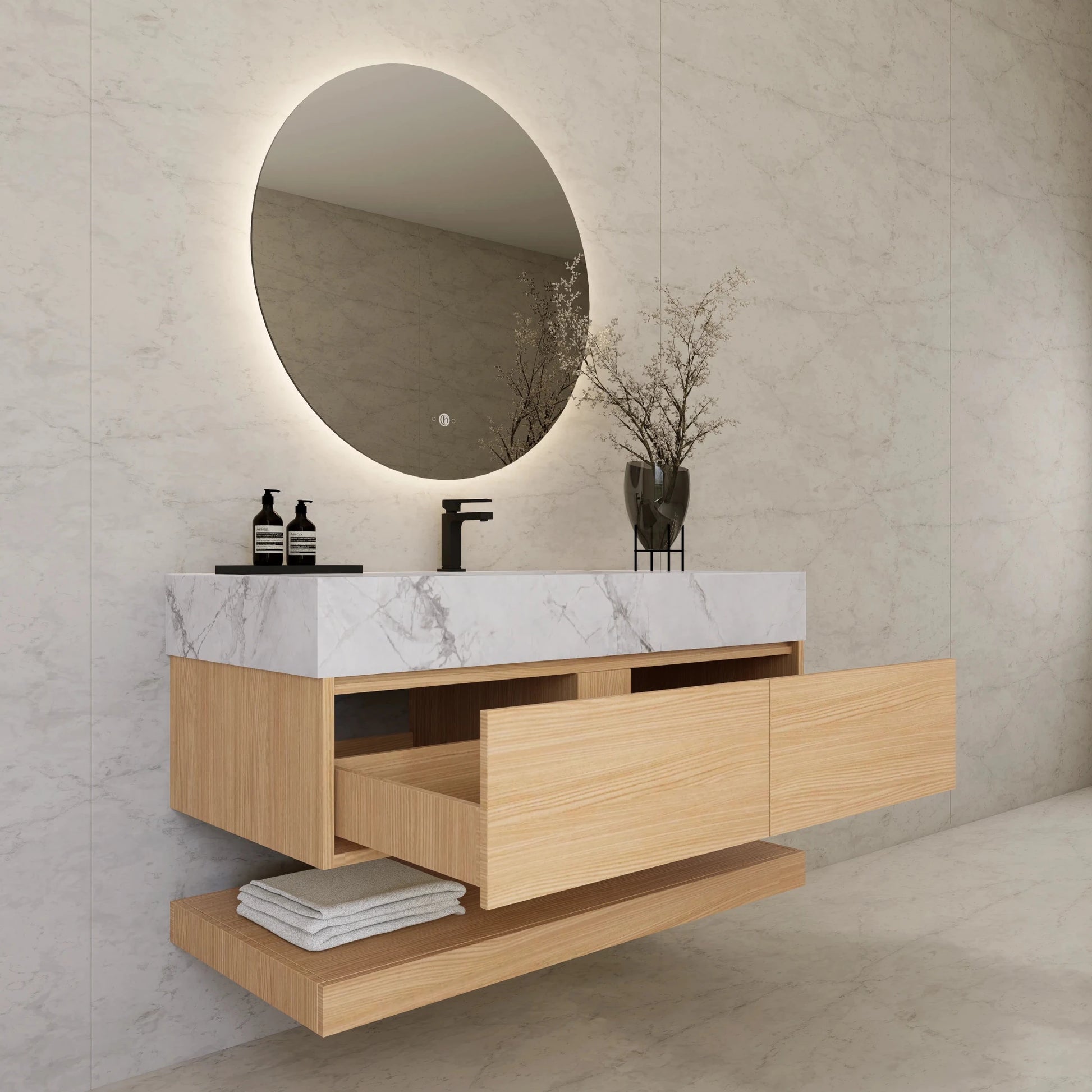 48"/ 60" Warm Oak Open Shelf Floating Bathroom Vanity - Vanity48"