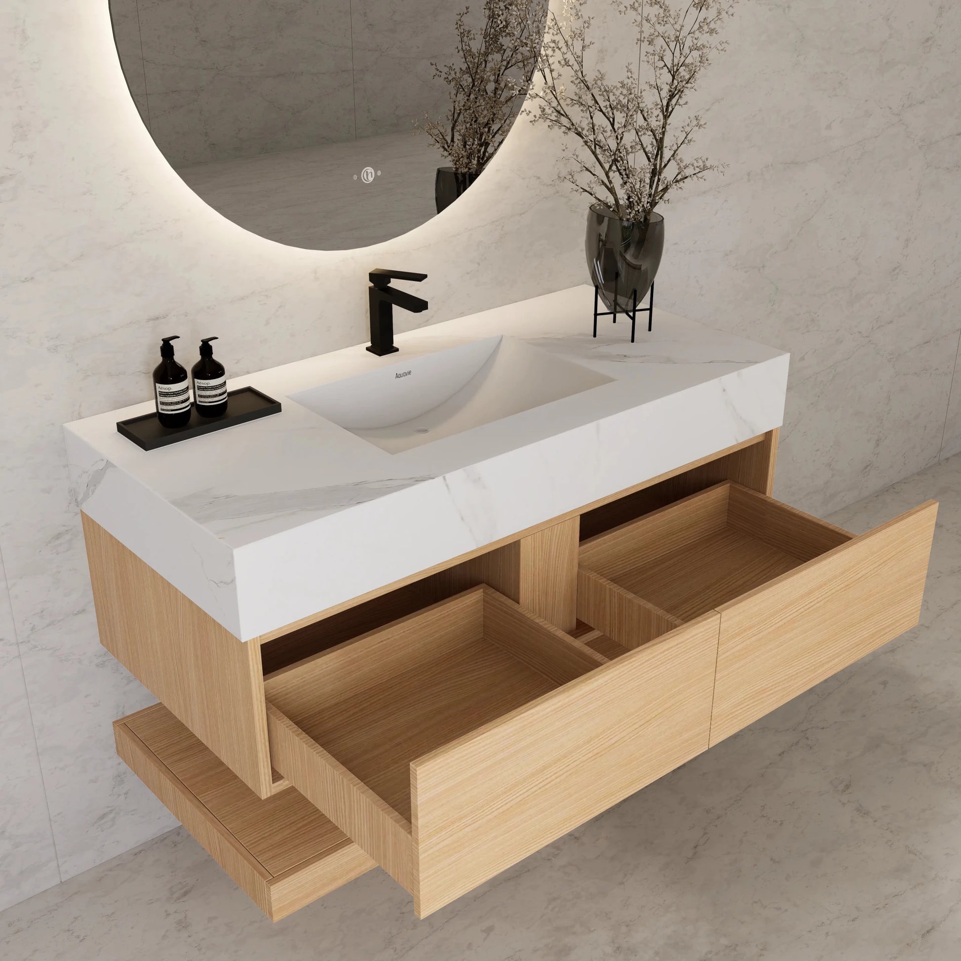 48"/ 60" Warm Oak Open Shelf Floating Bathroom Vanity - Vanity48"