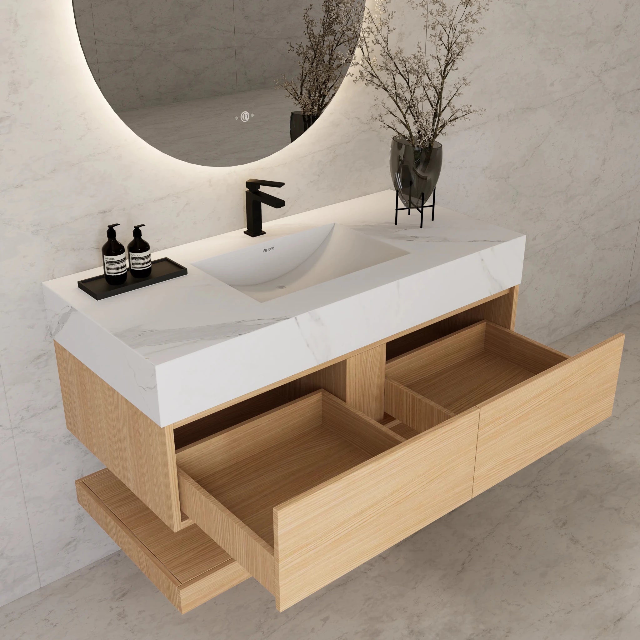48"/ 60" Warm Oak Open Shelf Floating Bathroom Vanity - Vanity48"