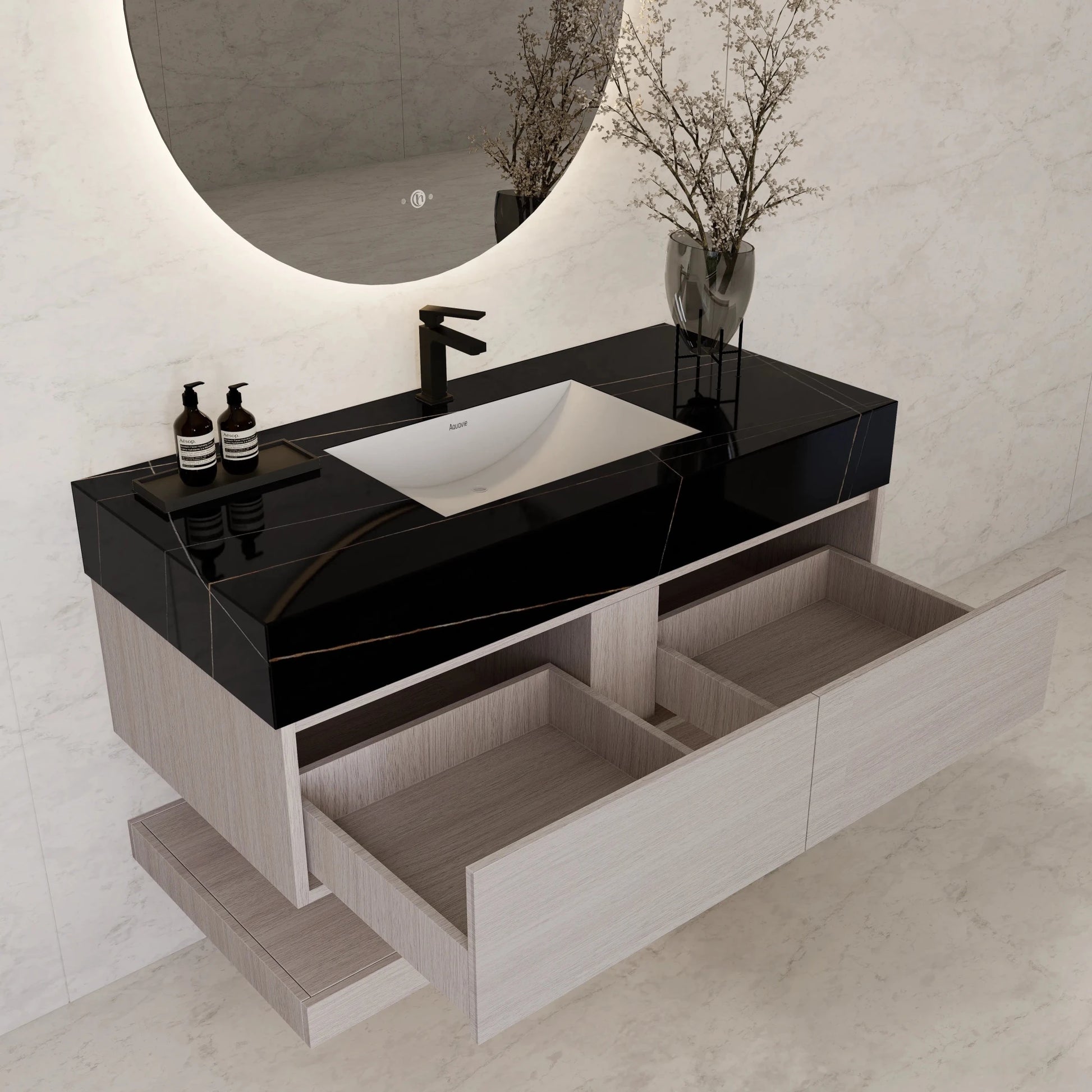 48"/ 60" White Grey Oak Open Shelf Floating Bathroom Vanity - Vanity48"
