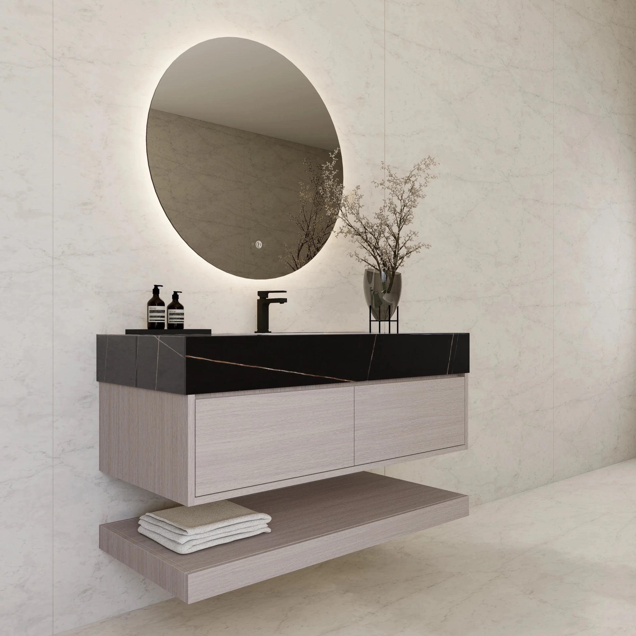 48"/ 60" White Grey Oak Open Shelf Floating Bathroom Vanity - Vanity48"