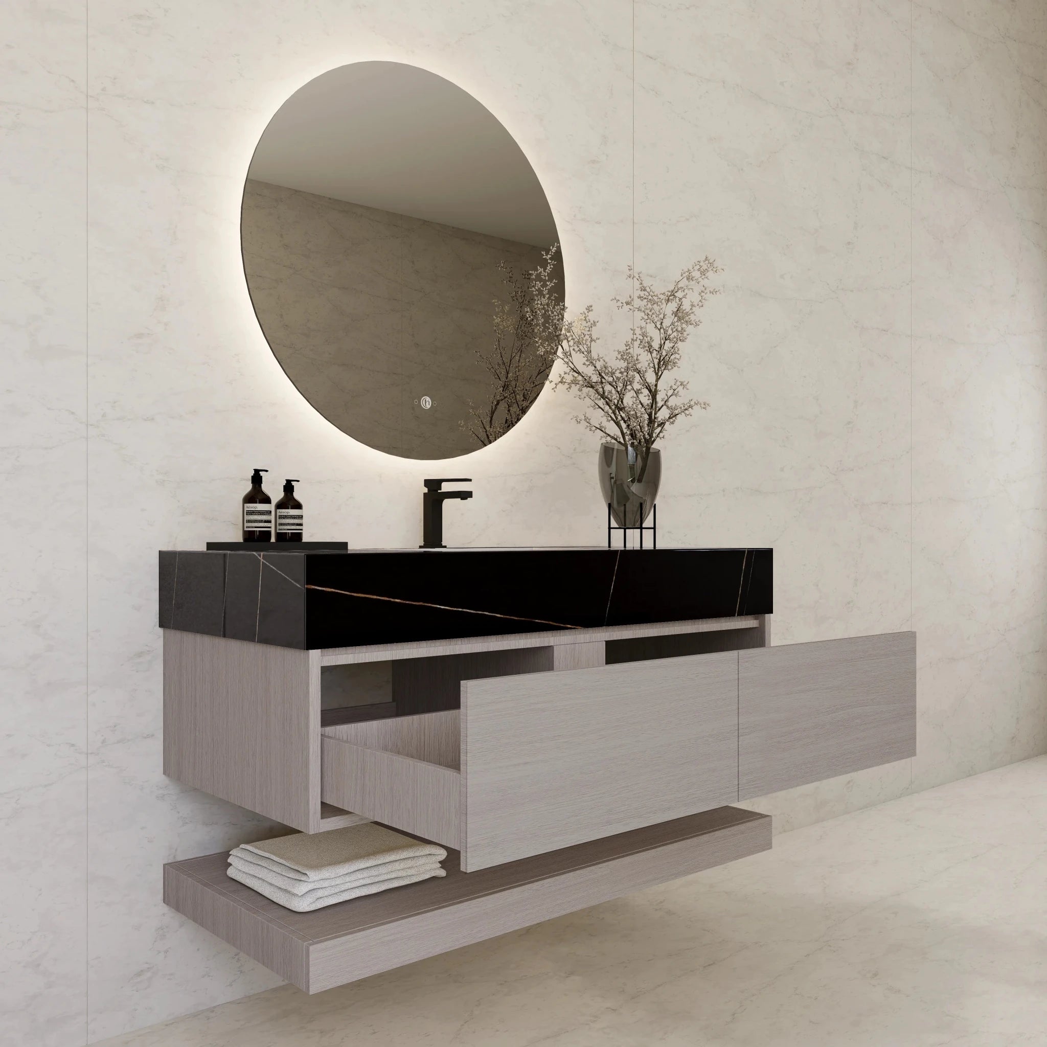 48"/ 60" White Grey Oak Open Shelf Floating Bathroom Vanity - Vanity48"