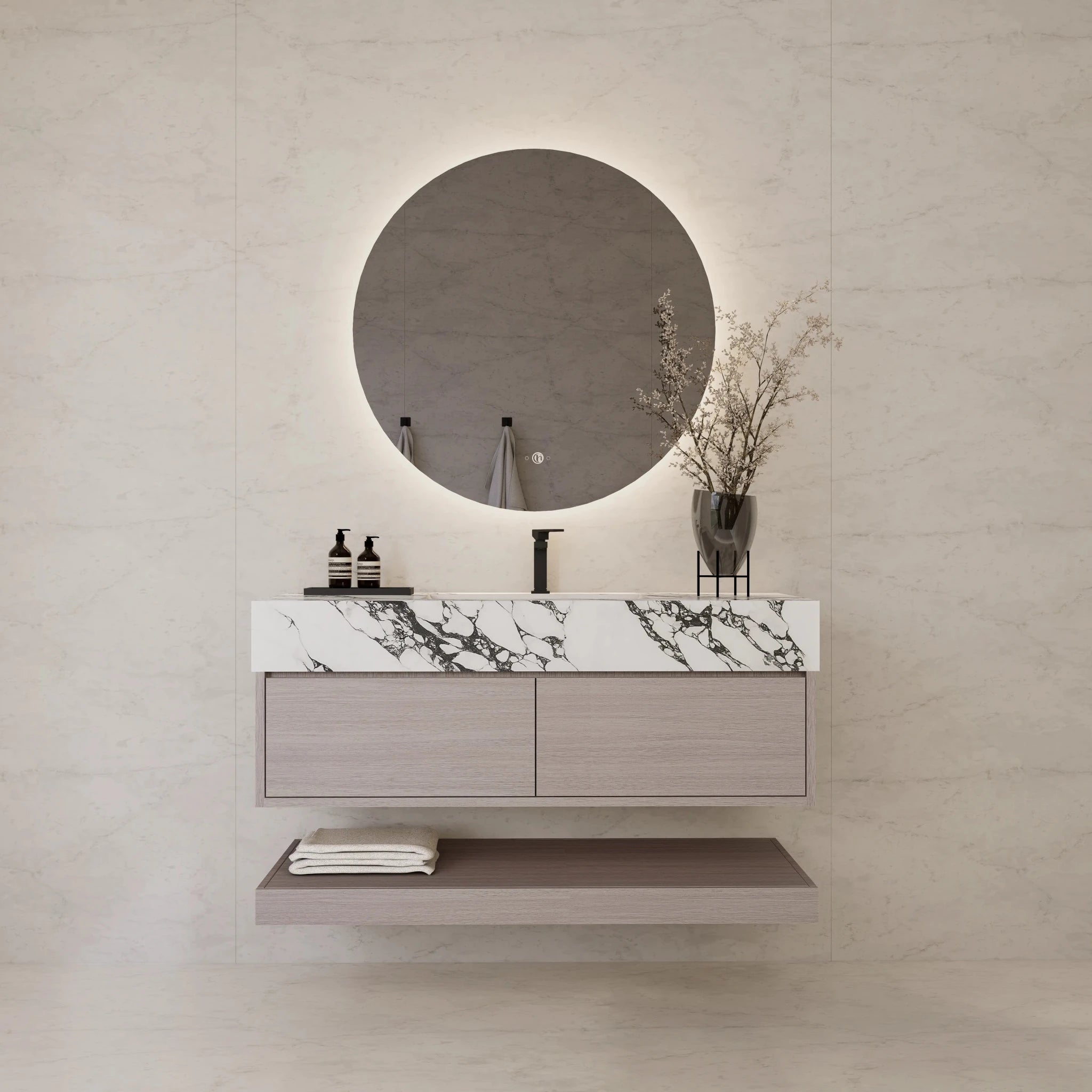 48"/ 60" White Grey Oak Open Shelf Floating Bathroom Vanity - Vanity48"