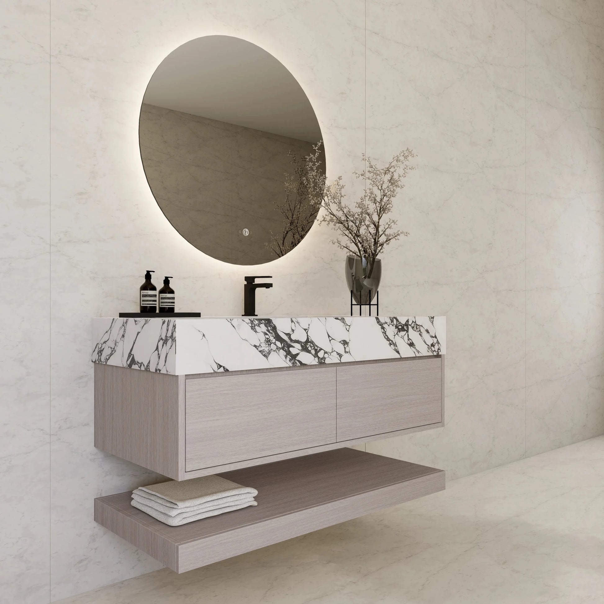 48"/ 60" White Grey Oak Open Shelf Floating Bathroom Vanity - Vanity48"
