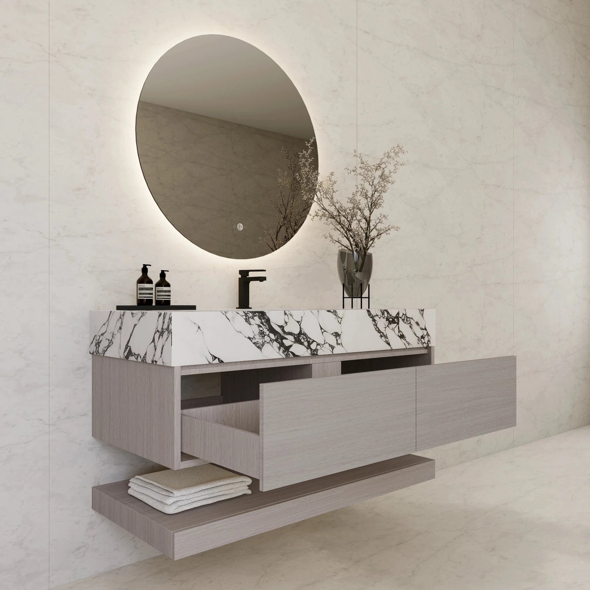 48"/ 60" White Grey Oak Open Shelf Floating Bathroom Vanity - Vanity48"