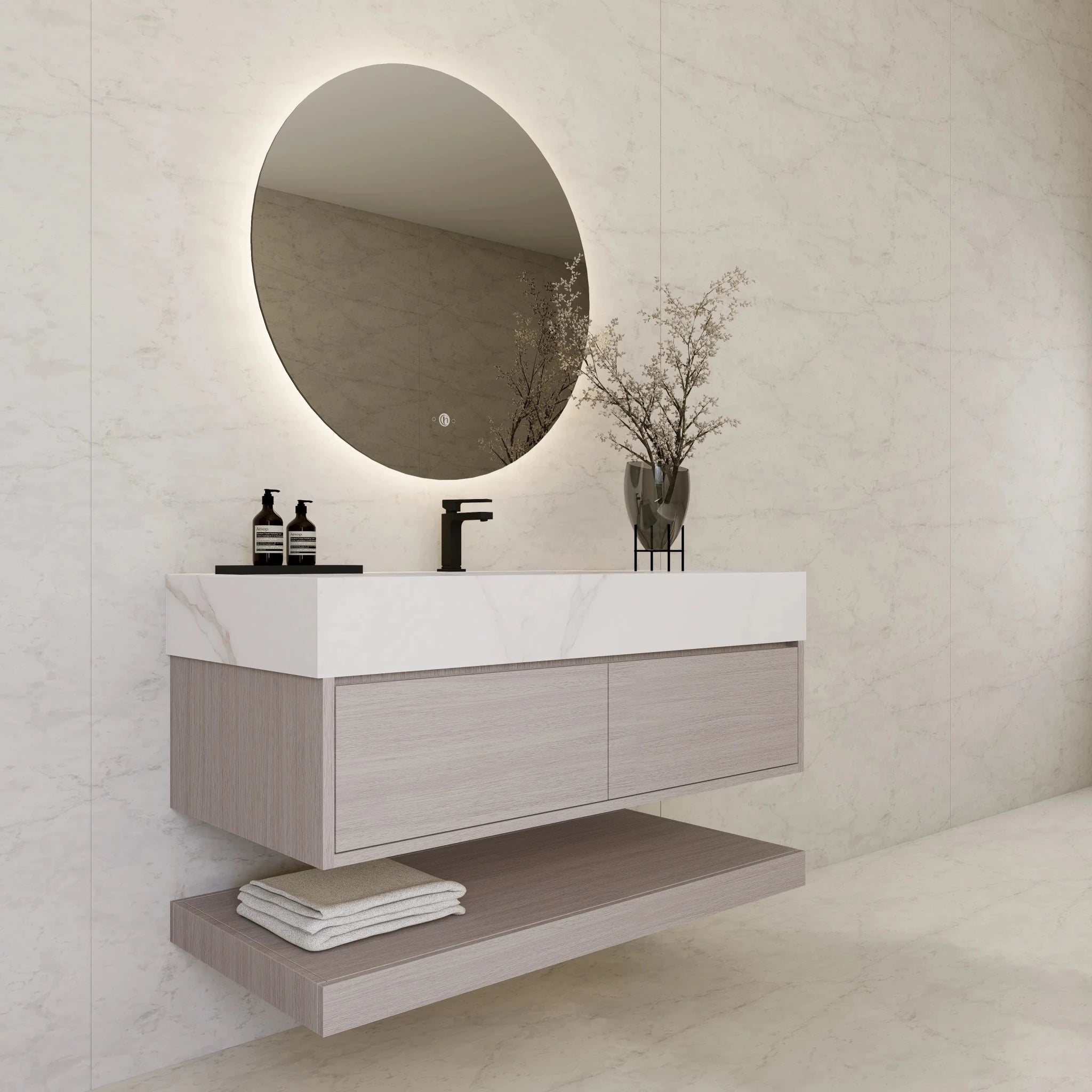 48"/ 60" White Grey Oak Open Shelf Floating Bathroom Vanity - Vanity48"