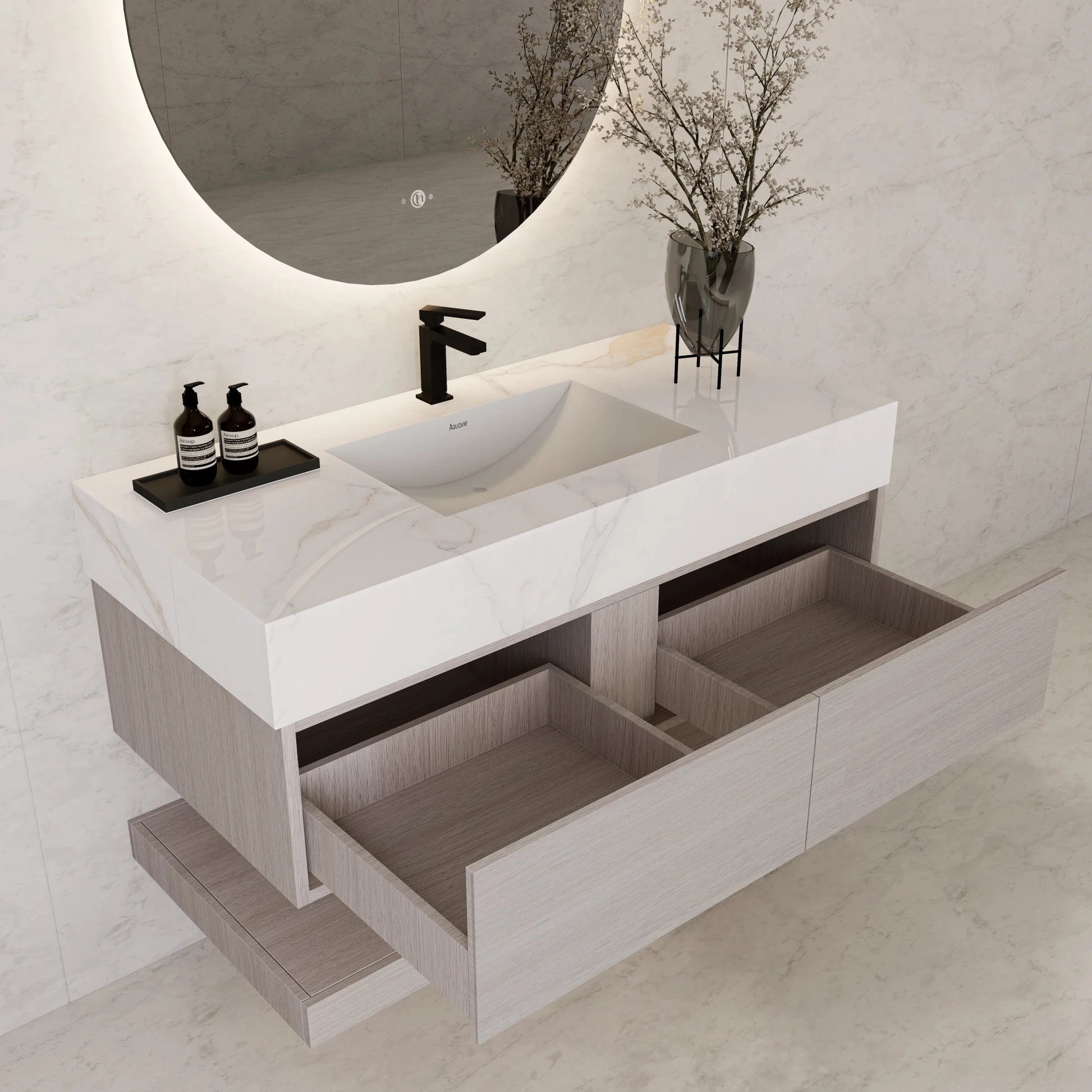 48"/ 60" White Grey Oak Open Shelf Floating Bathroom Vanity - Vanity48"