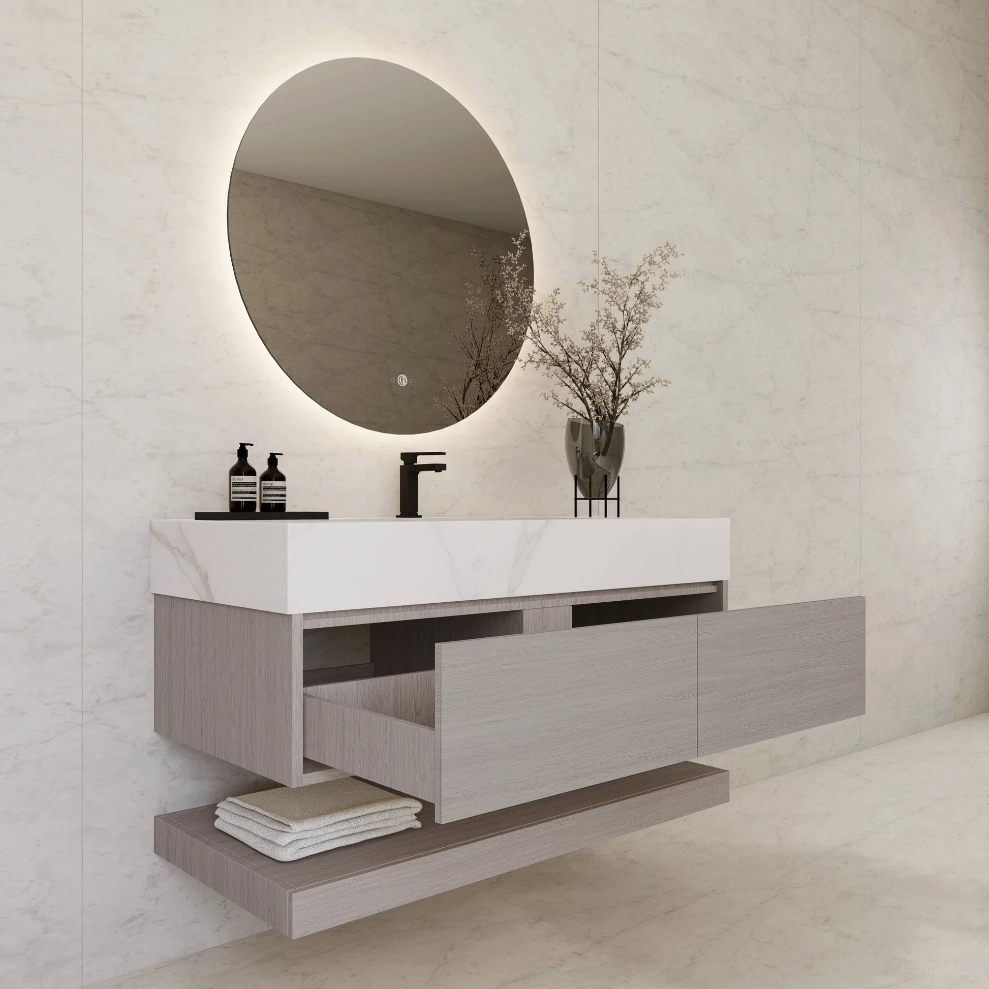 48"/ 60" White Grey Oak Open Shelf Floating Bathroom Vanity - Vanity48"
