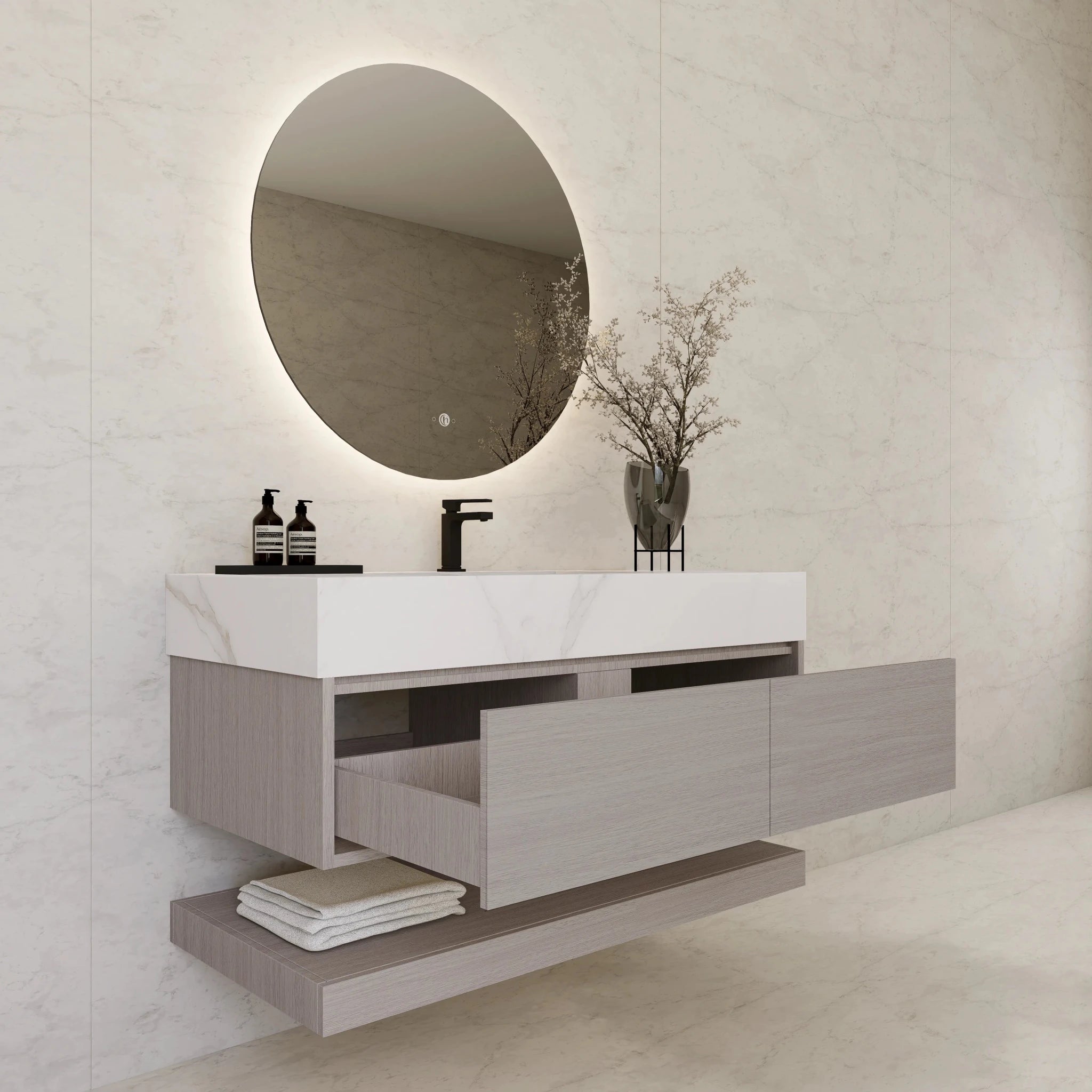 48"/ 60" White Grey Oak Open Shelf Floating Bathroom Vanity - Vanity48"