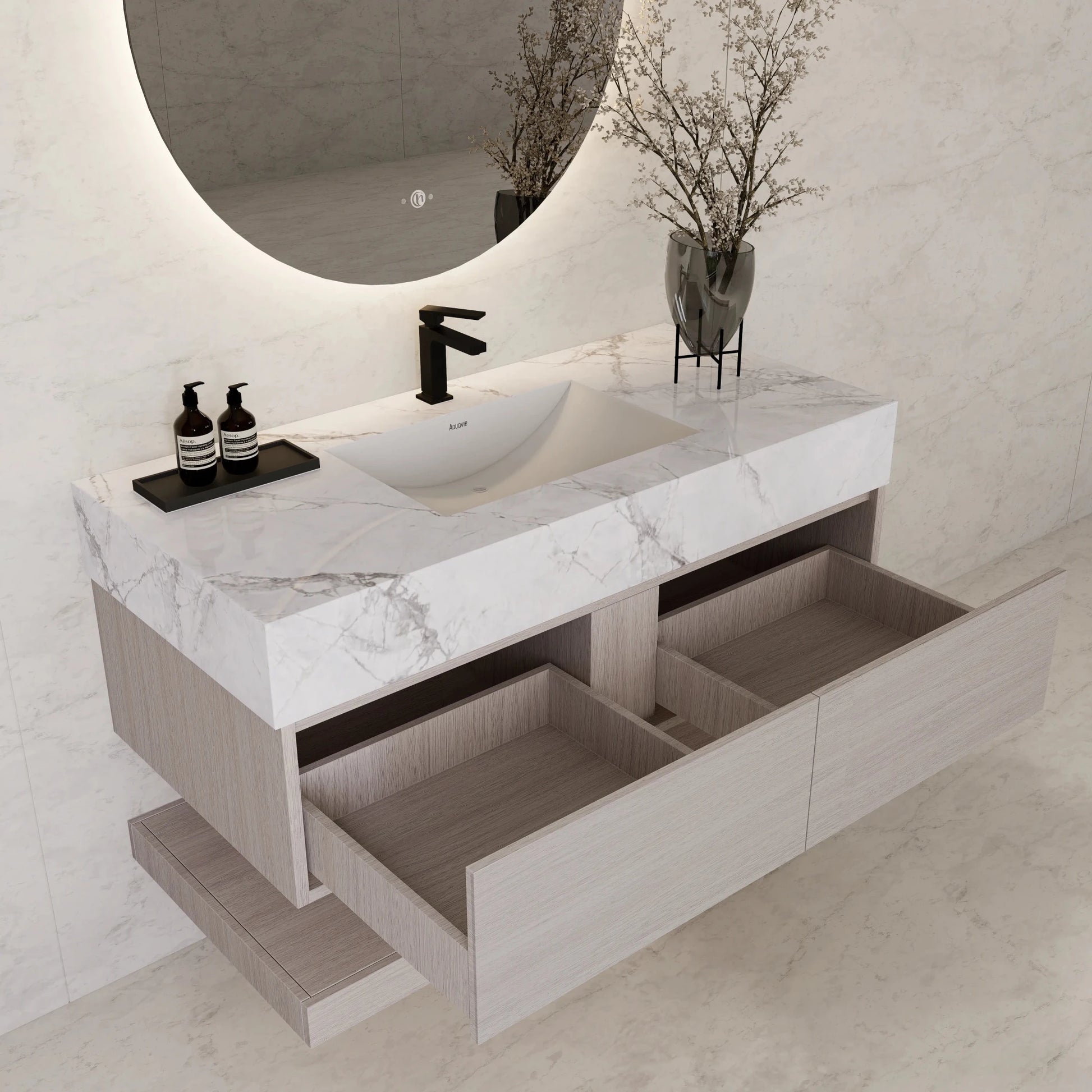 48"/ 60" White Grey Oak Open Shelf Floating Bathroom Vanity - Vanity48"
