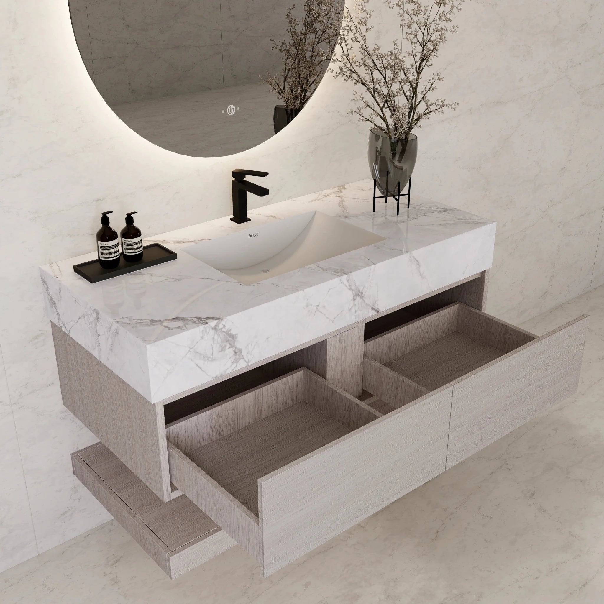 48"/ 60" White Grey Oak Open Shelf Floating Bathroom Vanity - Vanity48"