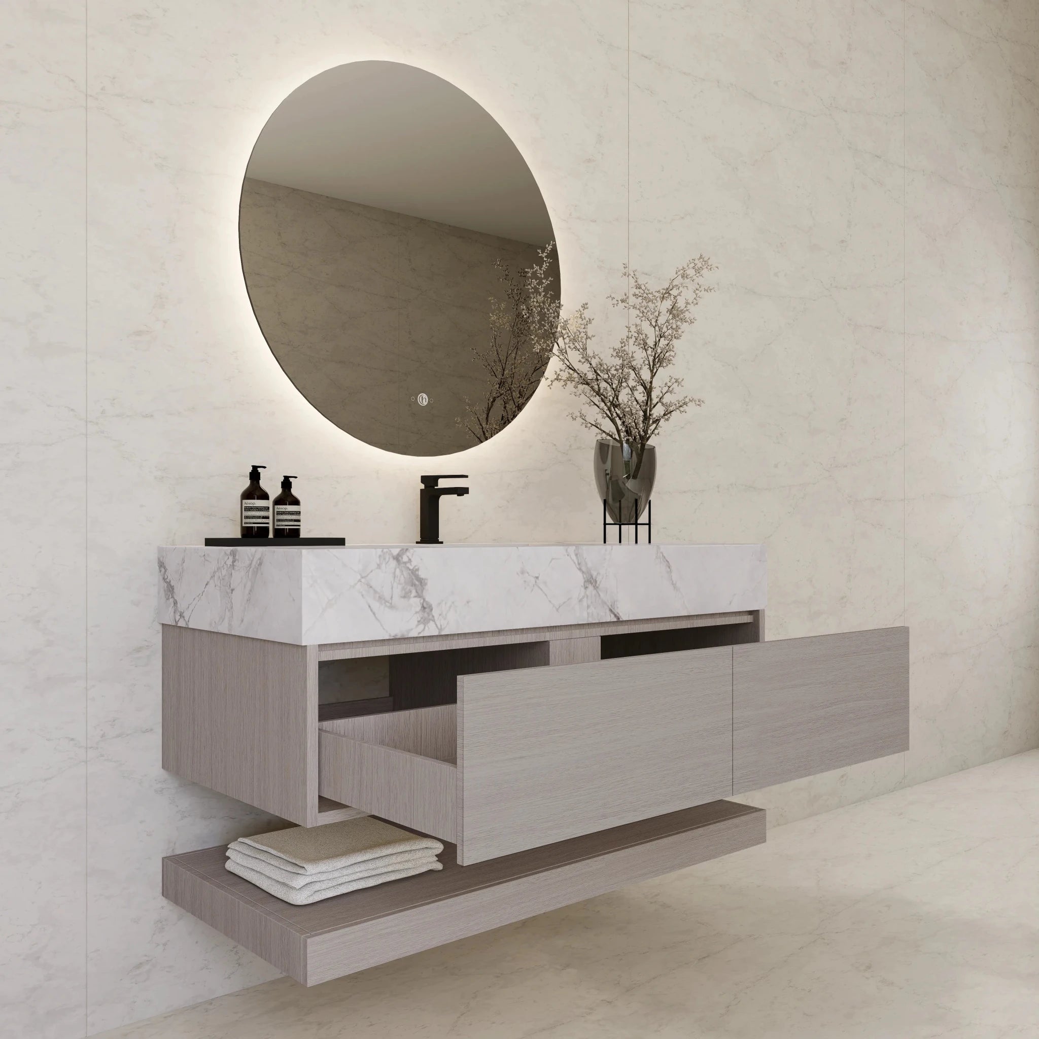 48"/ 60" White Grey Oak Open Shelf Floating Bathroom Vanity - Vanity48"