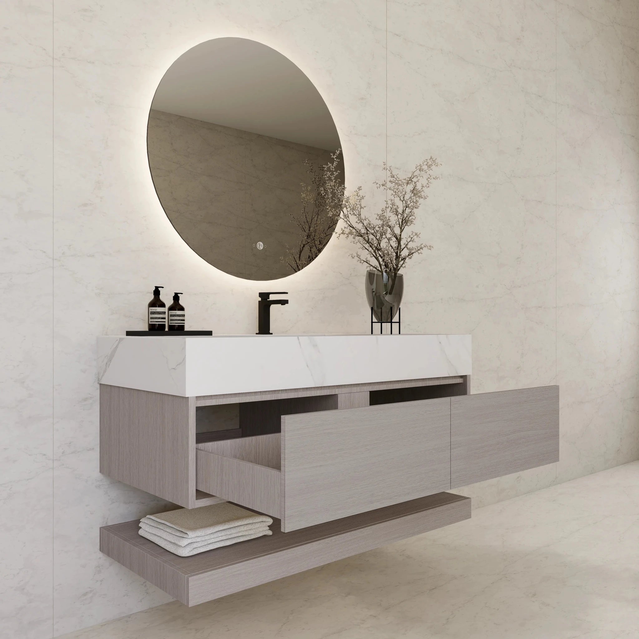 48"/ 60" White Grey Oak Open Shelf Floating Bathroom Vanity - Vanity48"