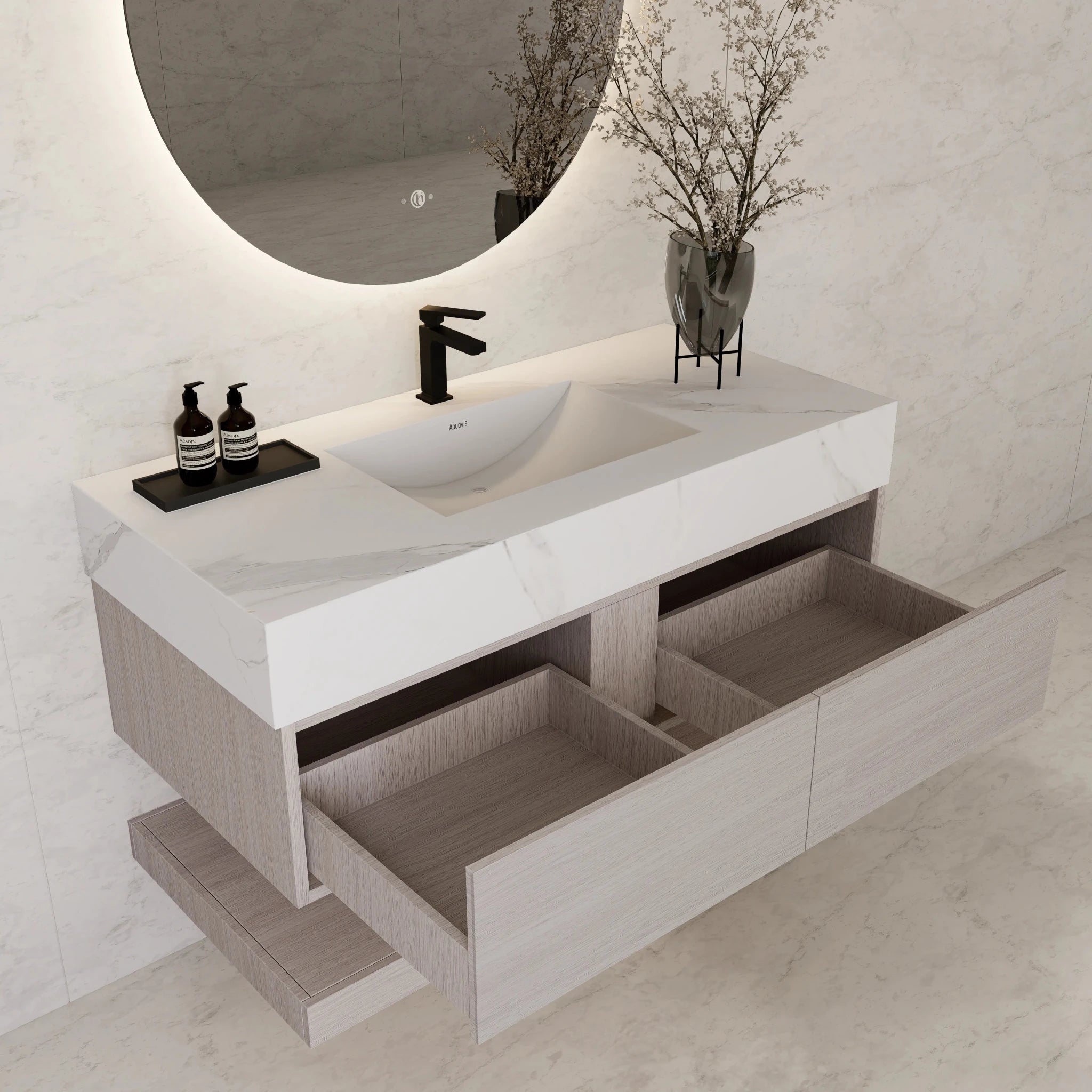 48"/ 60" White Grey Oak Open Shelf Floating Bathroom Vanity - Vanity48"