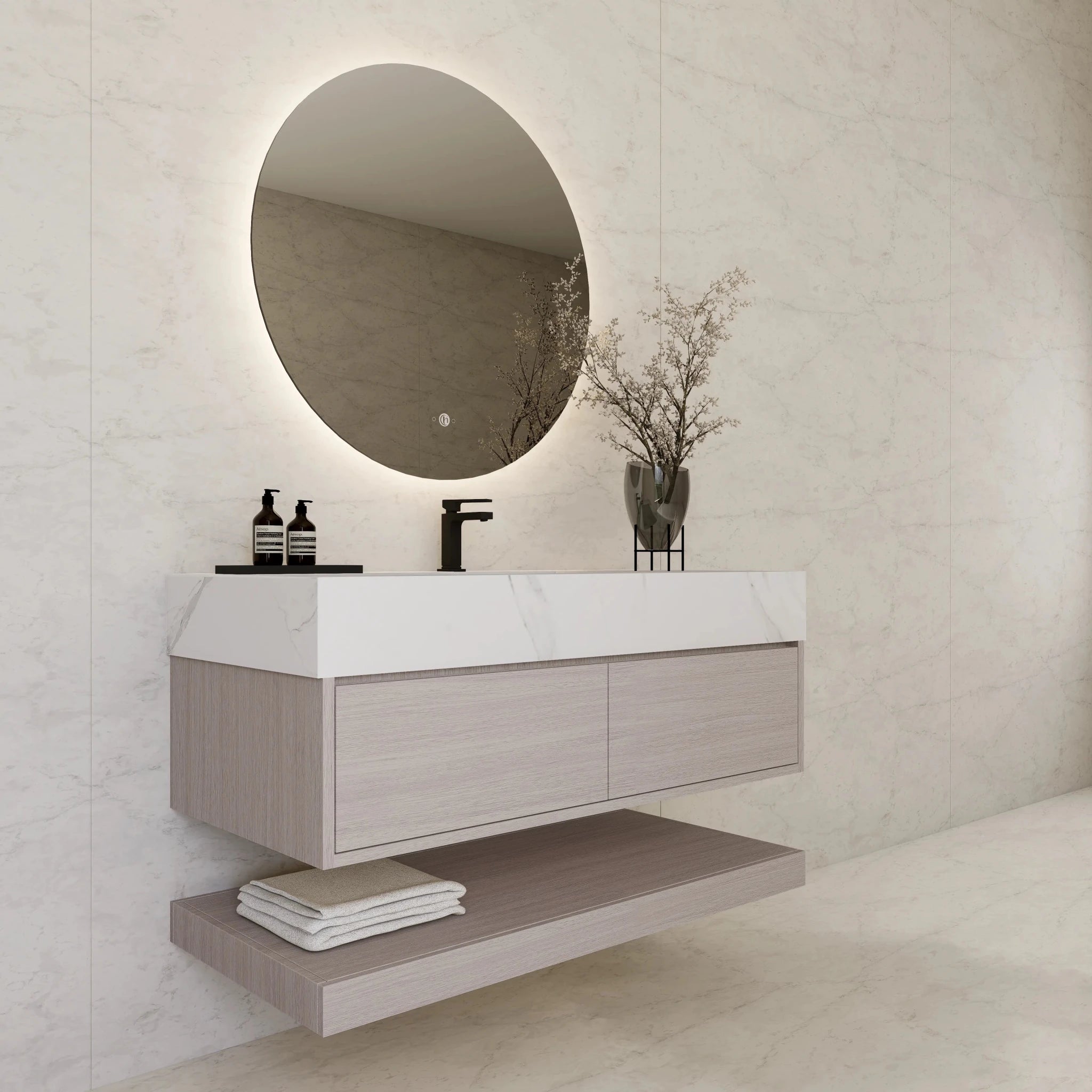 48"/ 60" White Grey Oak Open Shelf Floating Bathroom Vanity - Vanity48"