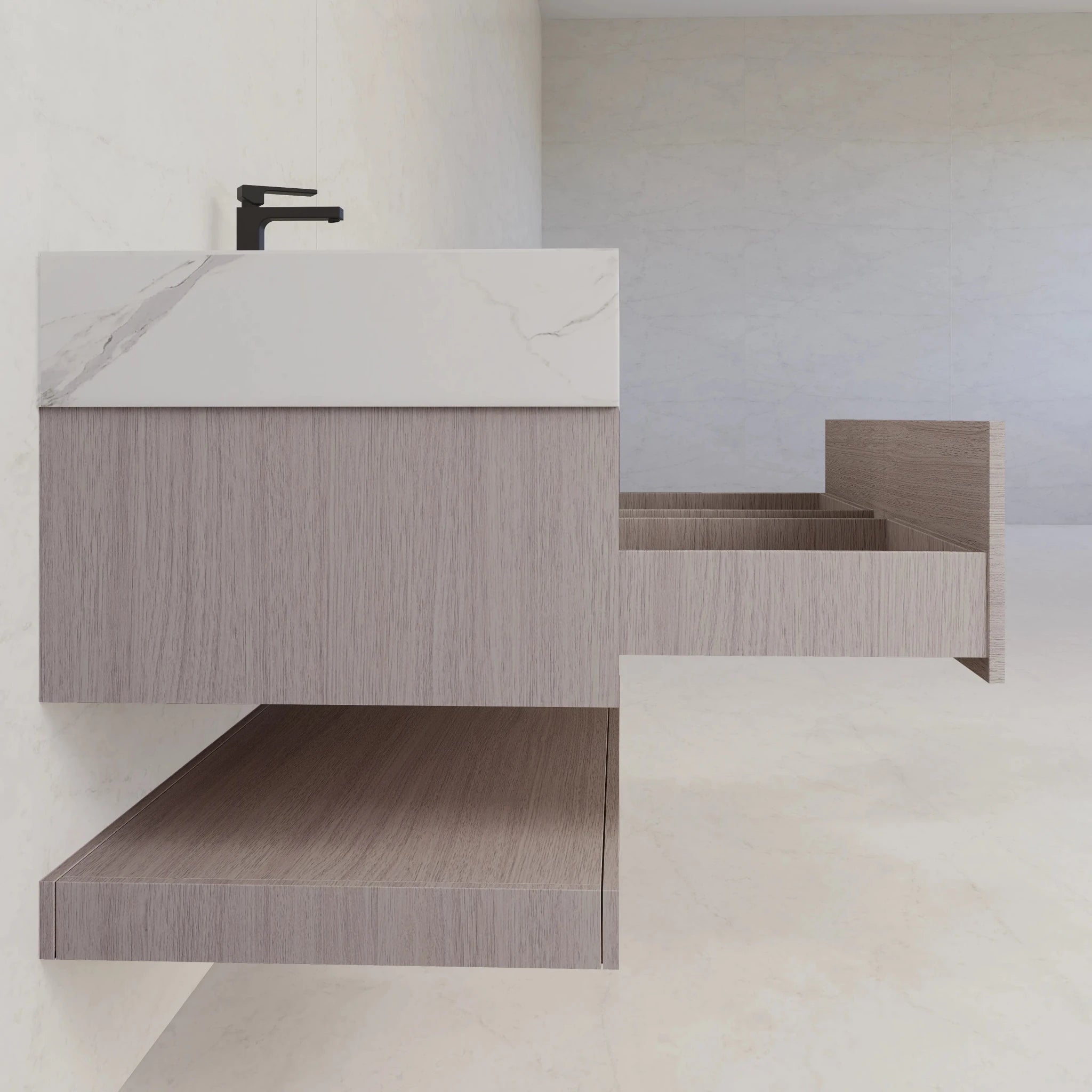 48"/ 60" White Grey Oak Open Shelf Floating Bathroom Vanity - Vanity48"