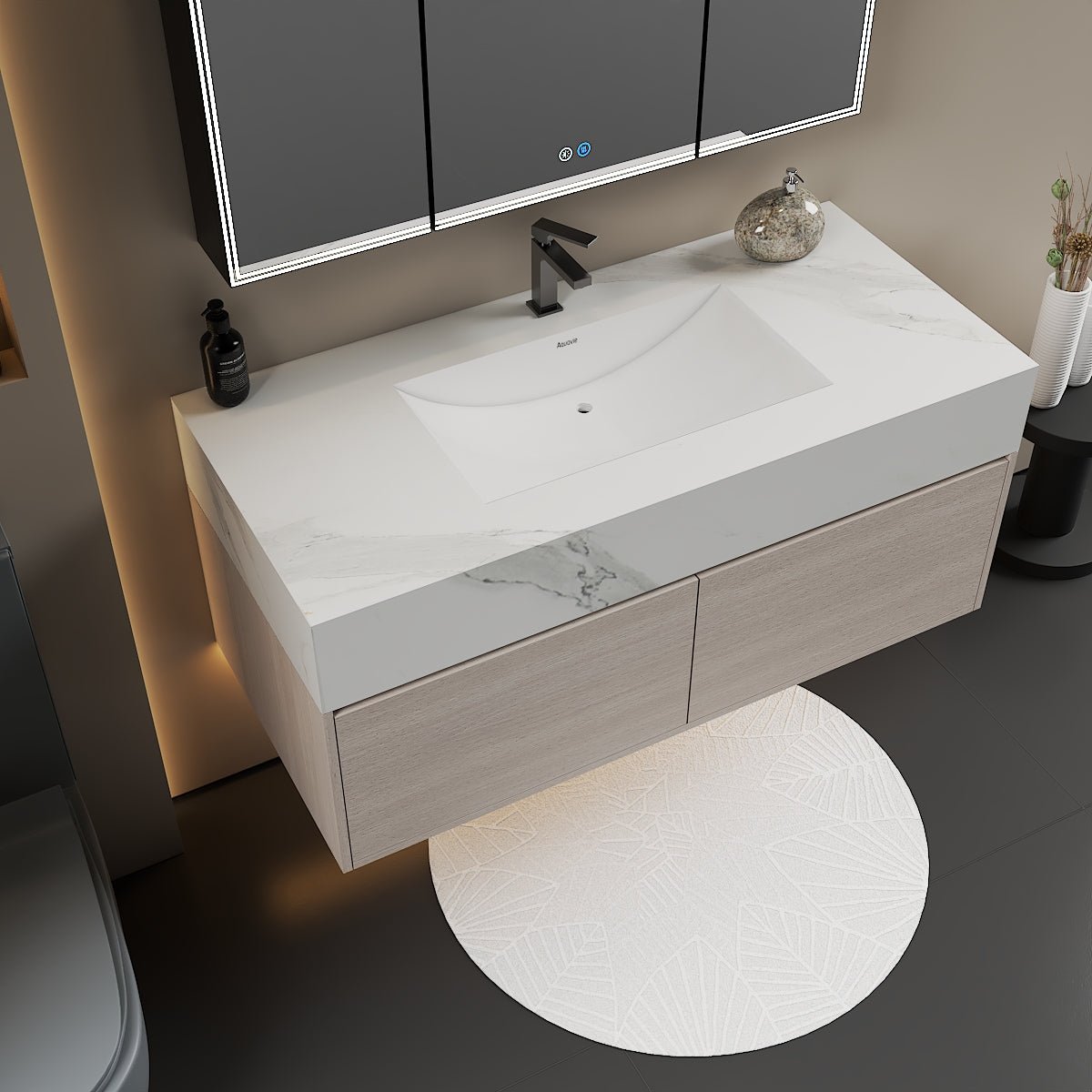 48", 60" White Grey Oak Sintered Stone Top with Double Drawer Floating Bathroom Vanity -Vanity48"