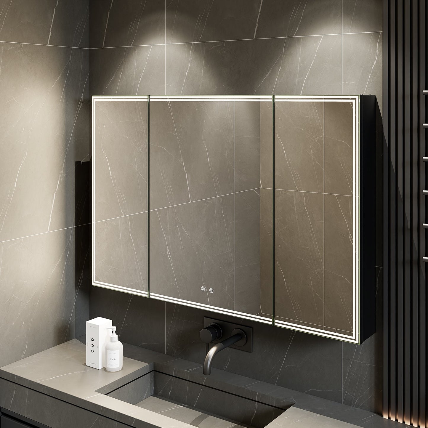 48'' LED Mirror Cabinet with Anti - Fog, Dimmable & Outlet – Blum Hinge，Recessed/Surface Mount - Medicine Cabinet NeoNova Decor