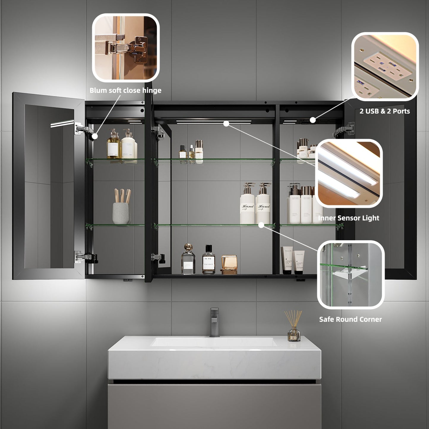 48'' LED Mirror Cabinet with Anti - Fog, Dimmable & Outlet – Blum Hinge，Recessed/Surface Mount - Medicine Cabinet NeoNova Decor