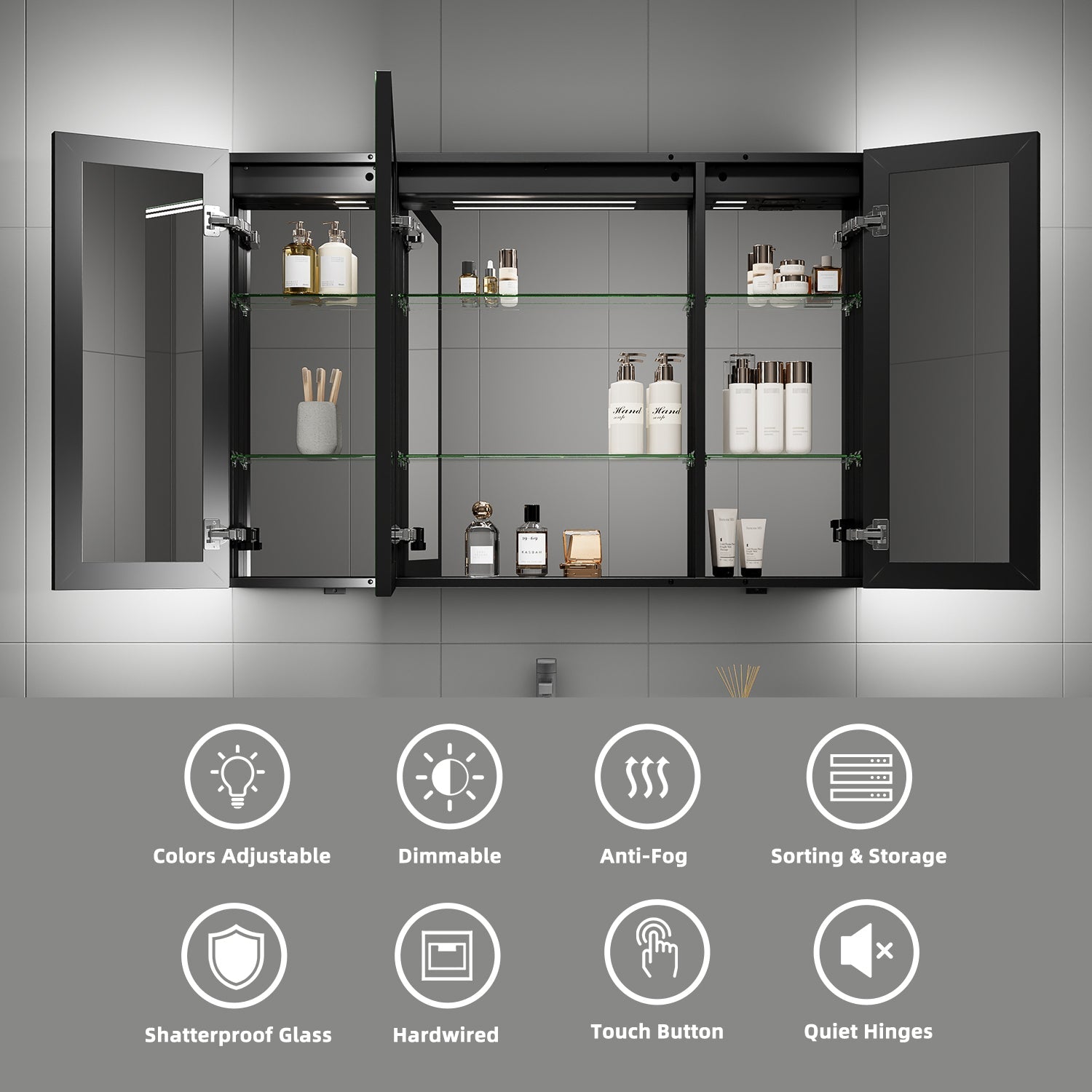 48'' LED Mirror Cabinet with Anti - Fog, Dimmable & Outlet – Blum Hinge，Recessed/Surface Mount - Medicine Cabinet NeoNova Decor