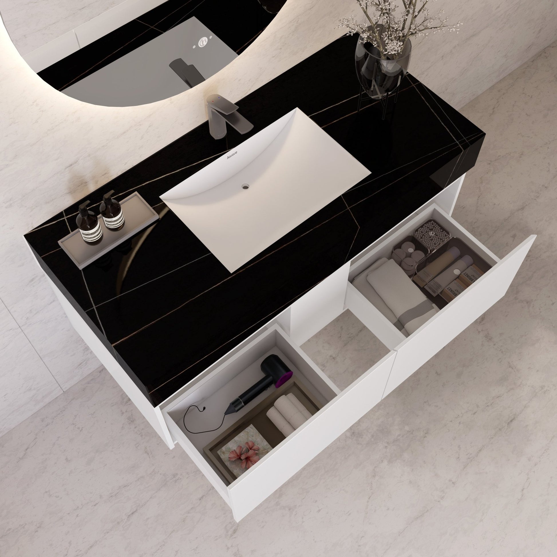 48" White Sintered Stone Top with Double Drawer Floating Bathroom Vanity -Vanity48"