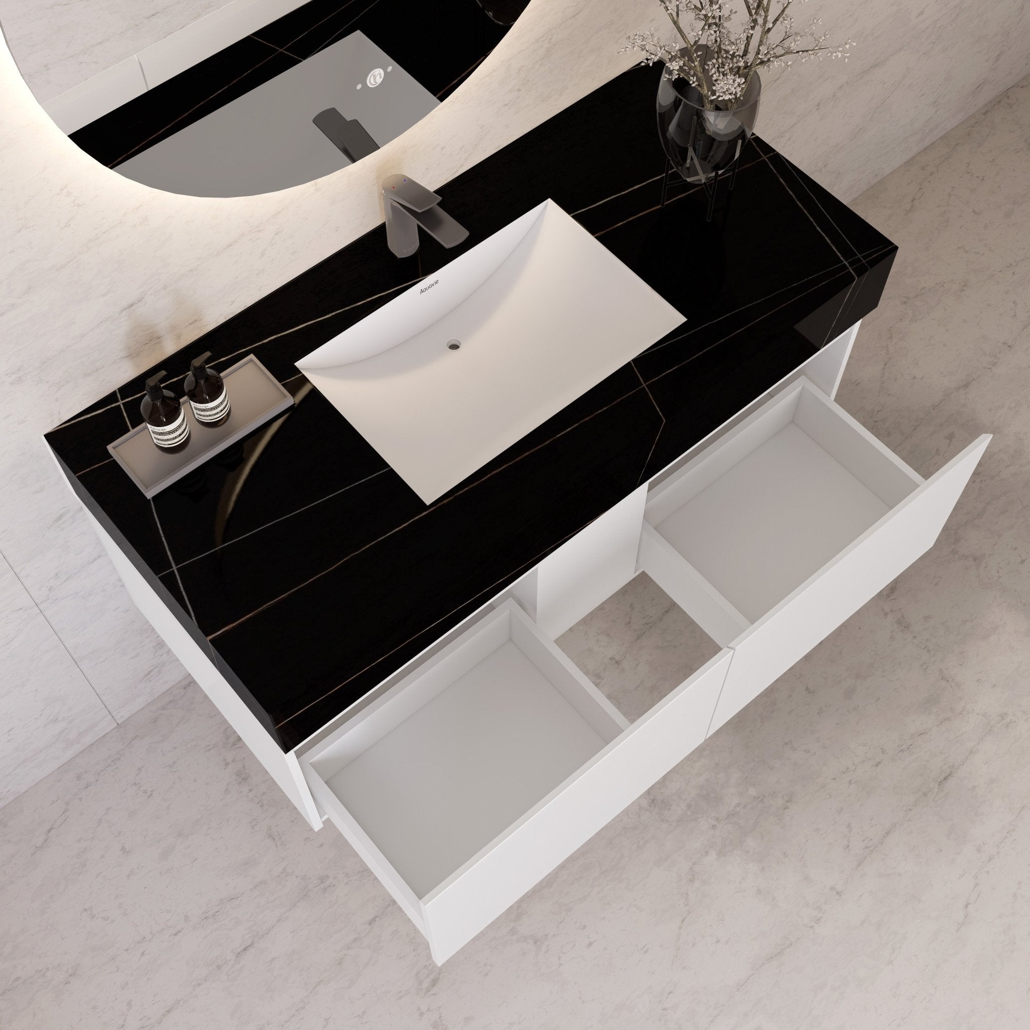 48" White Sintered Stone Top with Double Drawer Floating Bathroom Vanity -Vanity48"