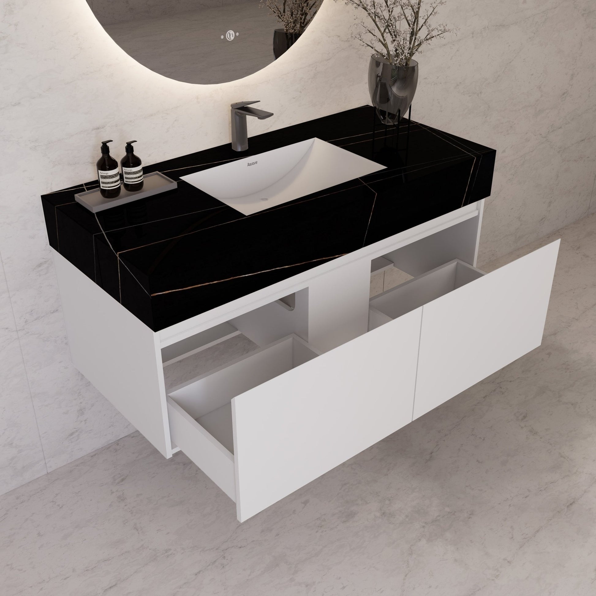 48" White Sintered Stone Top with Double Drawer Floating Bathroom Vanity -Vanity48"