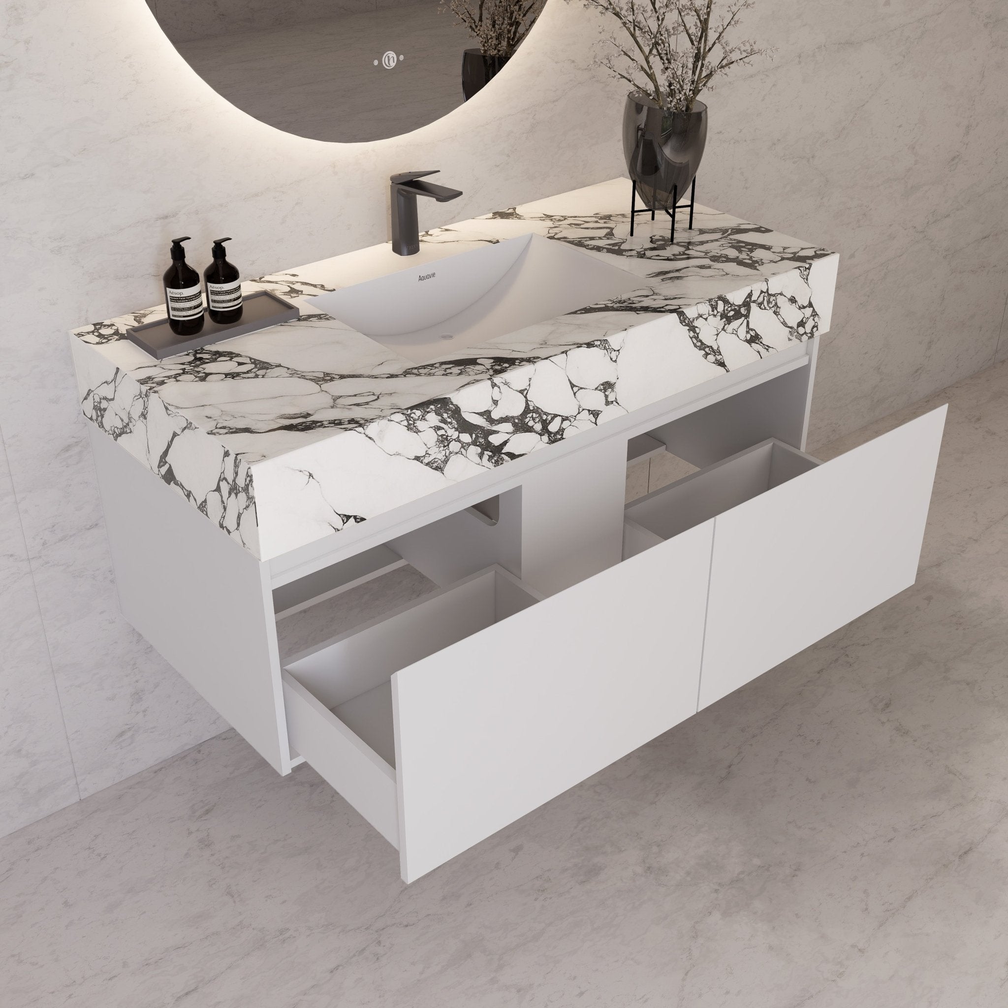 48" White Sintered Stone Top with Double Drawer Floating Bathroom Vanity -Vanity48"