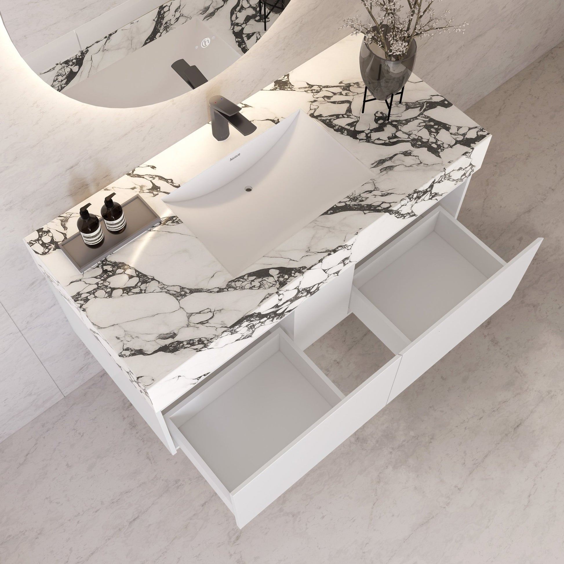48" White Sintered Stone Top with Double Drawer Floating Bathroom Vanity -Vanity48"