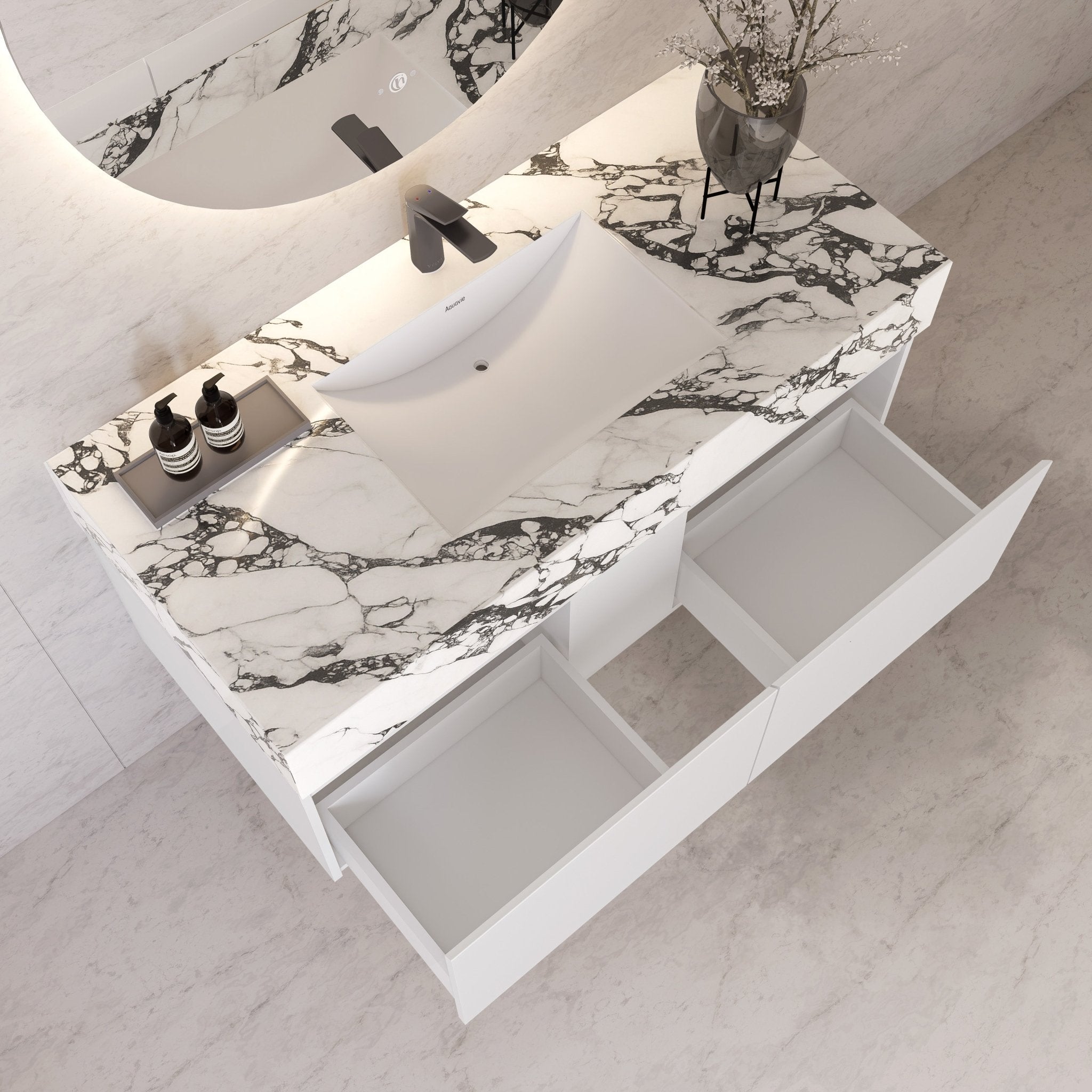 48" White Sintered Stone Top with Double Drawer Floating Bathroom Vanity -Vanity48"