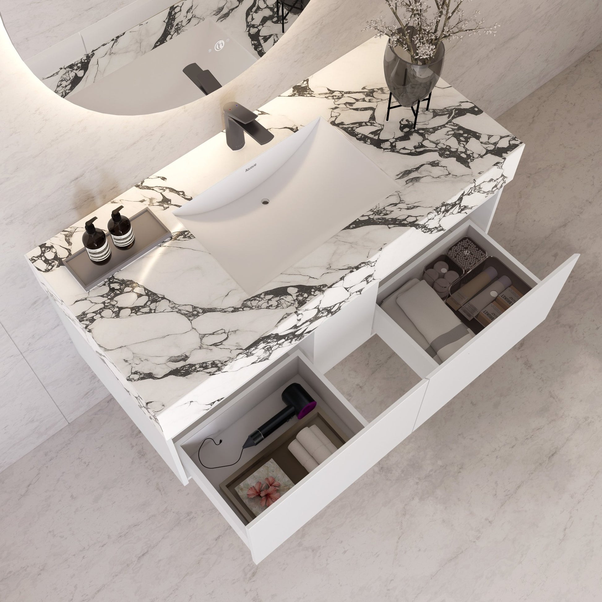 48" White Sintered Stone Top with Double Drawer Floating Bathroom Vanity -Vanity48"