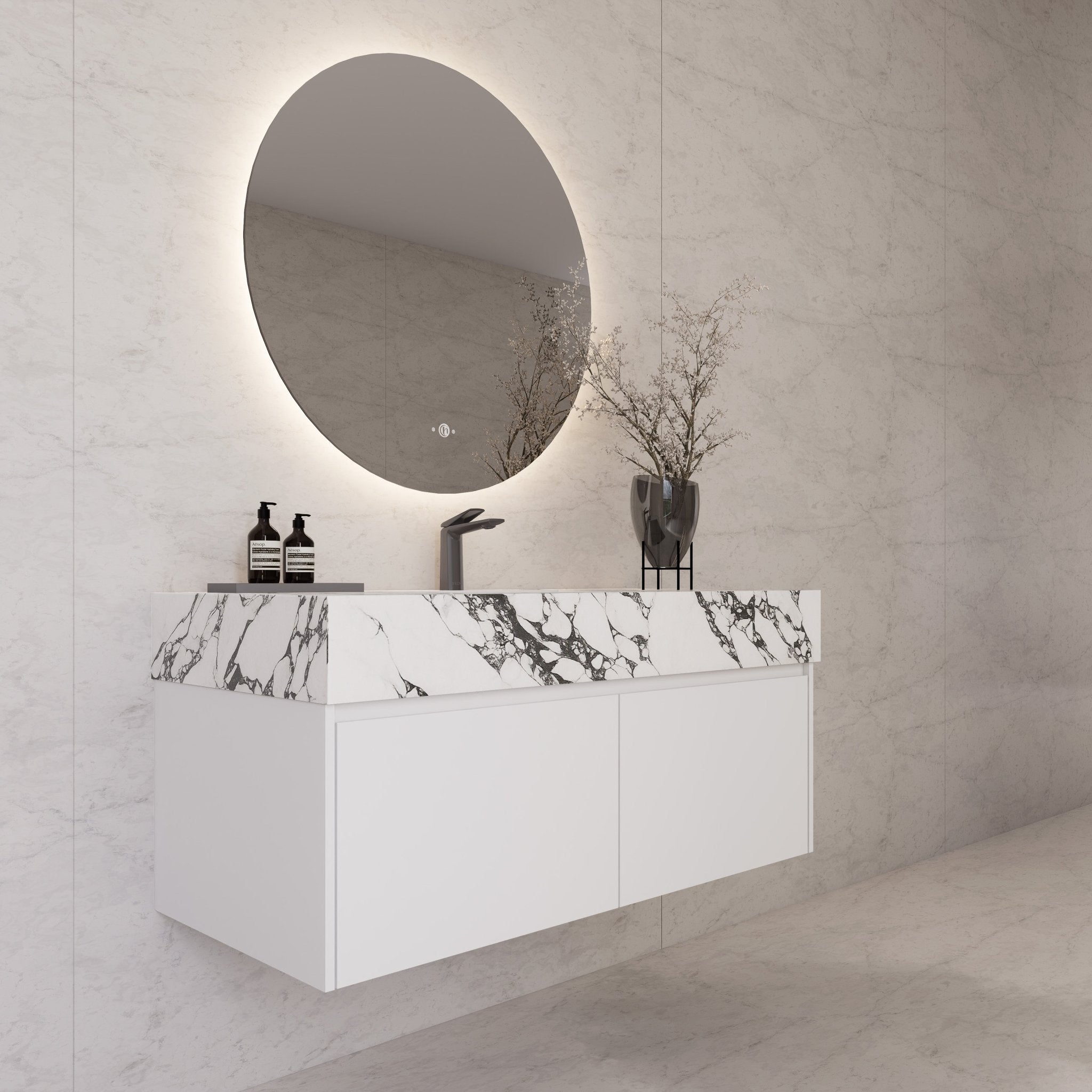48" White Sintered Stone Top with Double Drawer Floating Bathroom Vanity -Vanity48"