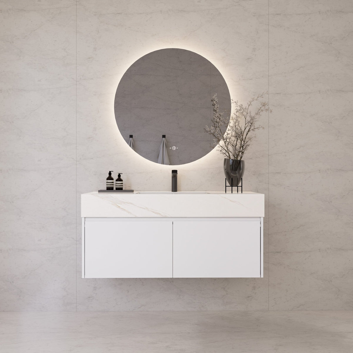 48" White Sintered Stone Top with Double Drawer Floating Bathroom Vanity -Vanity48"