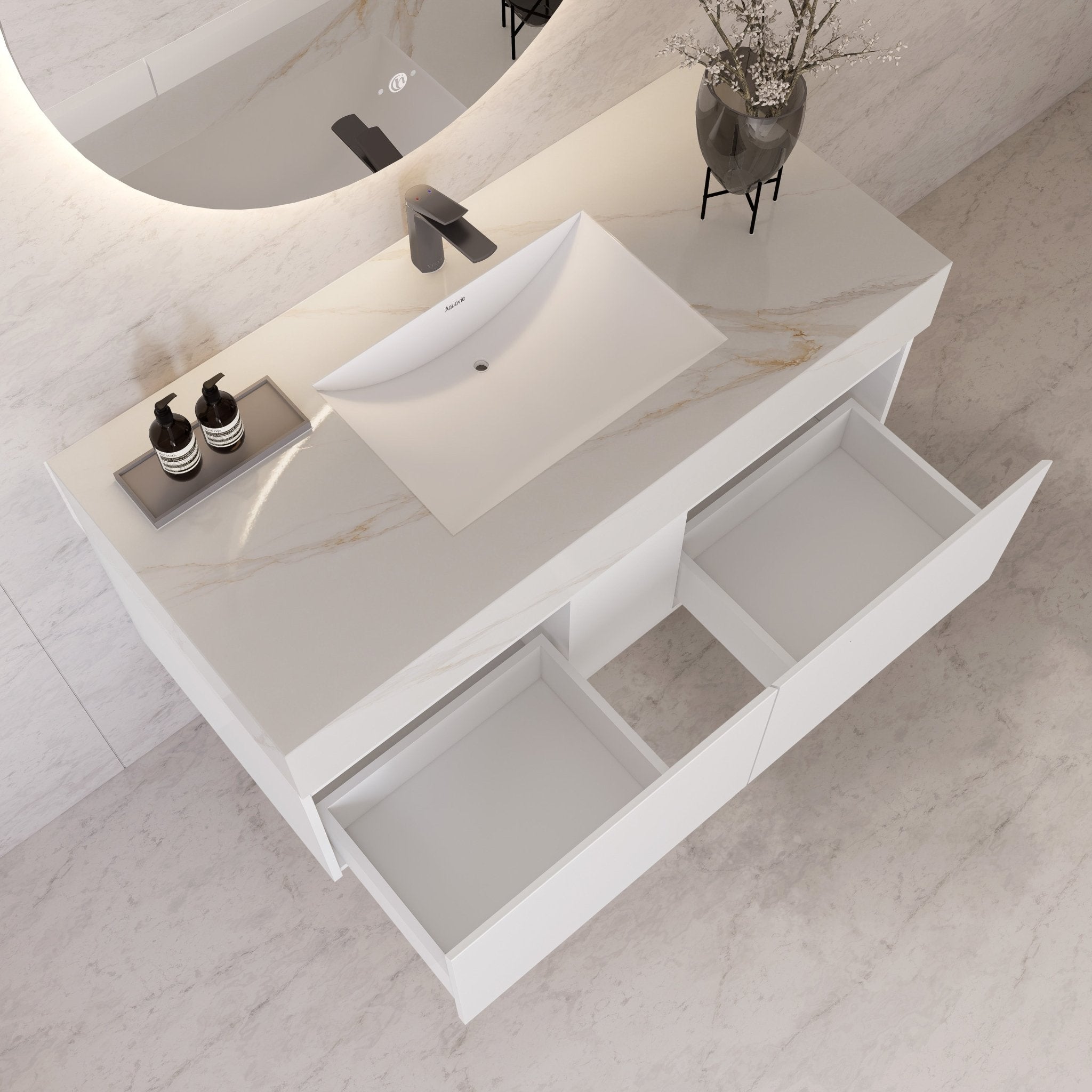 48" White Sintered Stone Top with Double Drawer Floating Bathroom Vanity -Vanity48"
