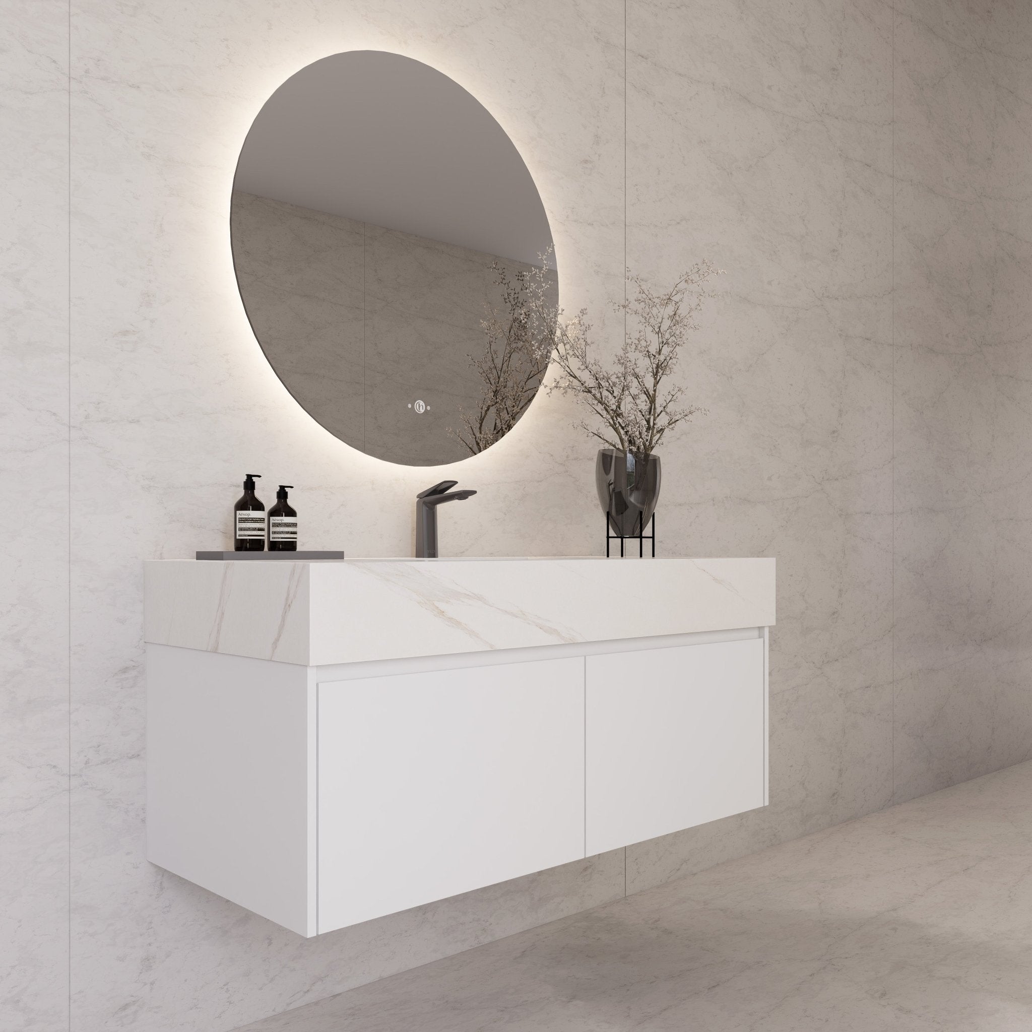 48" White Sintered Stone Top with Double Drawer Floating Bathroom Vanity -Vanity48"