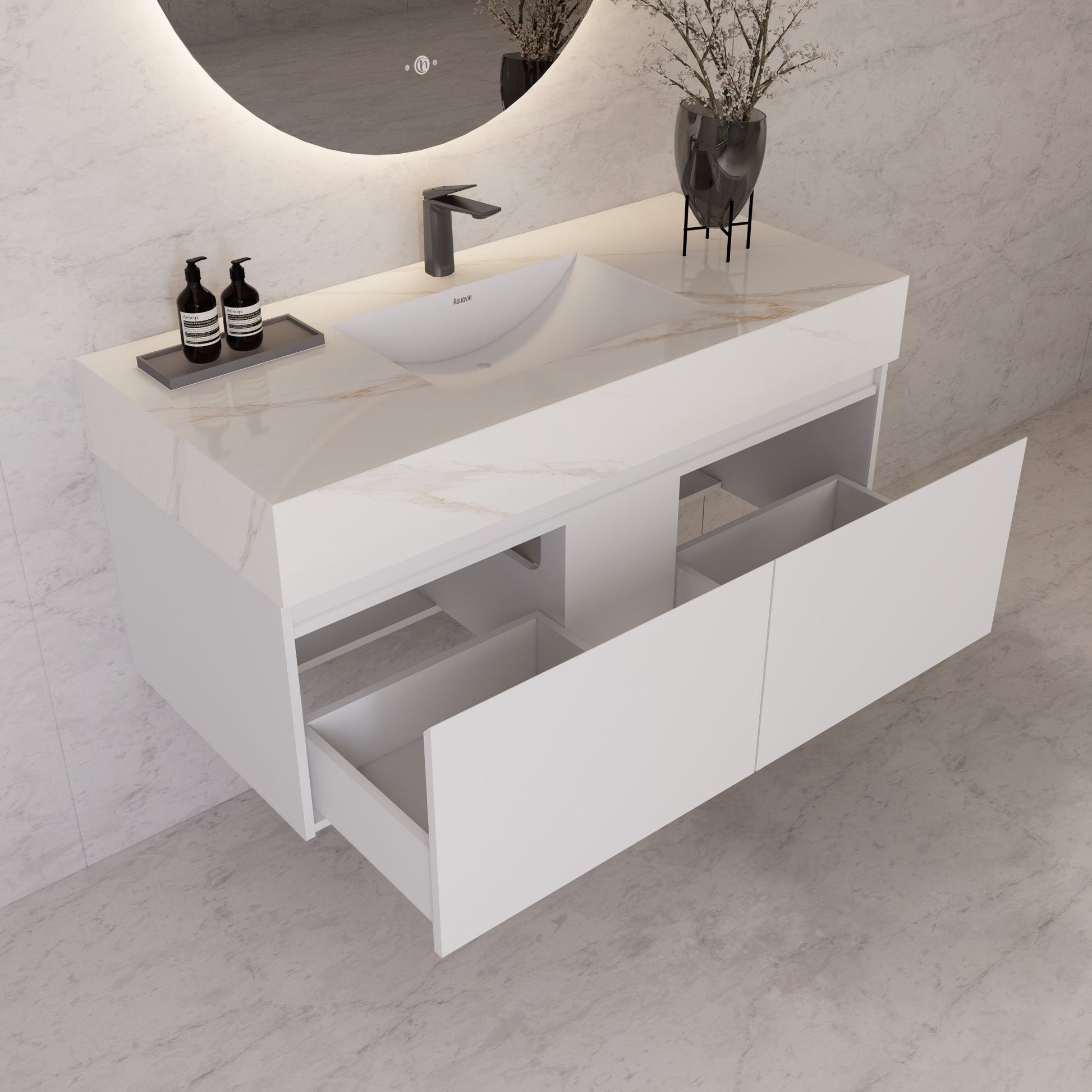 48" White Sintered Stone Top with Double Drawer Floating Bathroom Vanity -Vanity48"