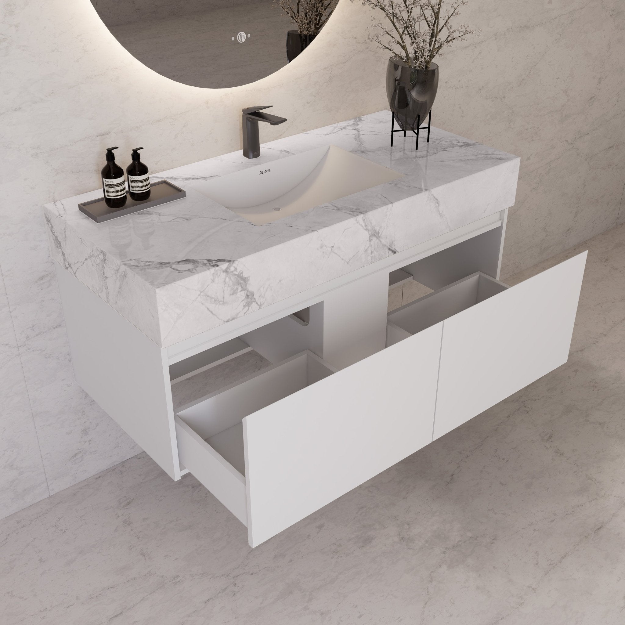 48" White Sintered Stone Top with Double Drawer Floating Bathroom Vanity -Vanity48"