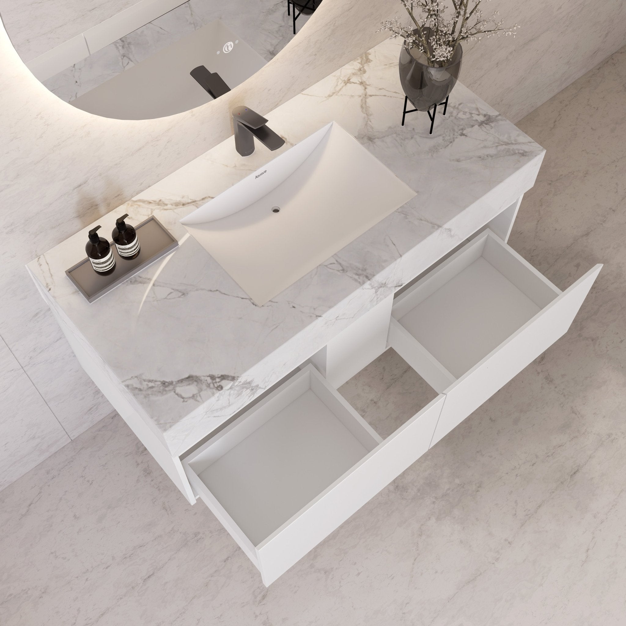 48" White Sintered Stone Top with Double Drawer Floating Bathroom Vanity -Vanity48"