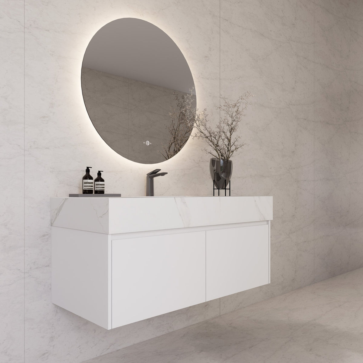 48" White Sintered Stone Top with Double Drawer Floating Bathroom Vanity -Vanity48"