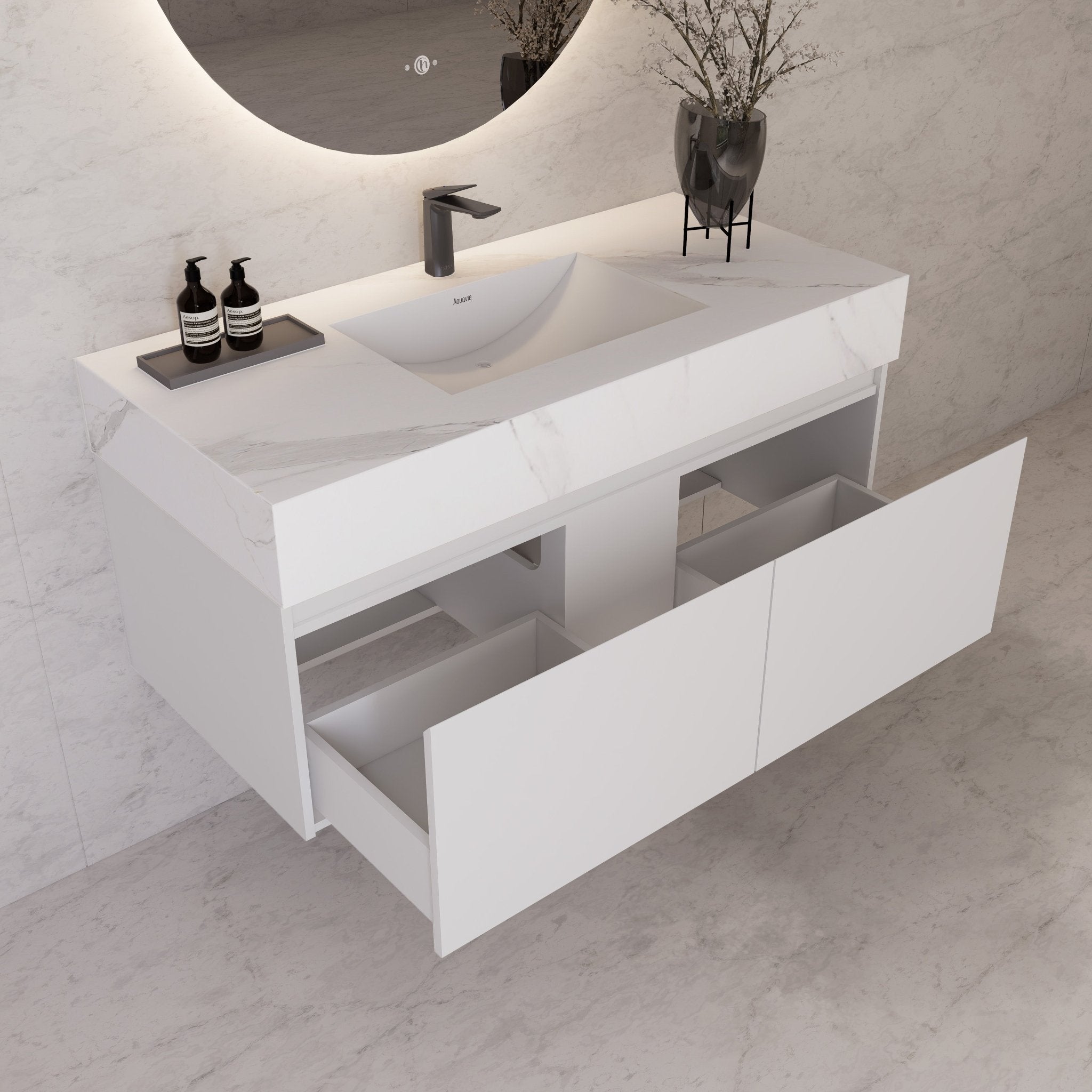 48" White Sintered Stone Top with Double Drawer Floating Bathroom Vanity -Vanity48"